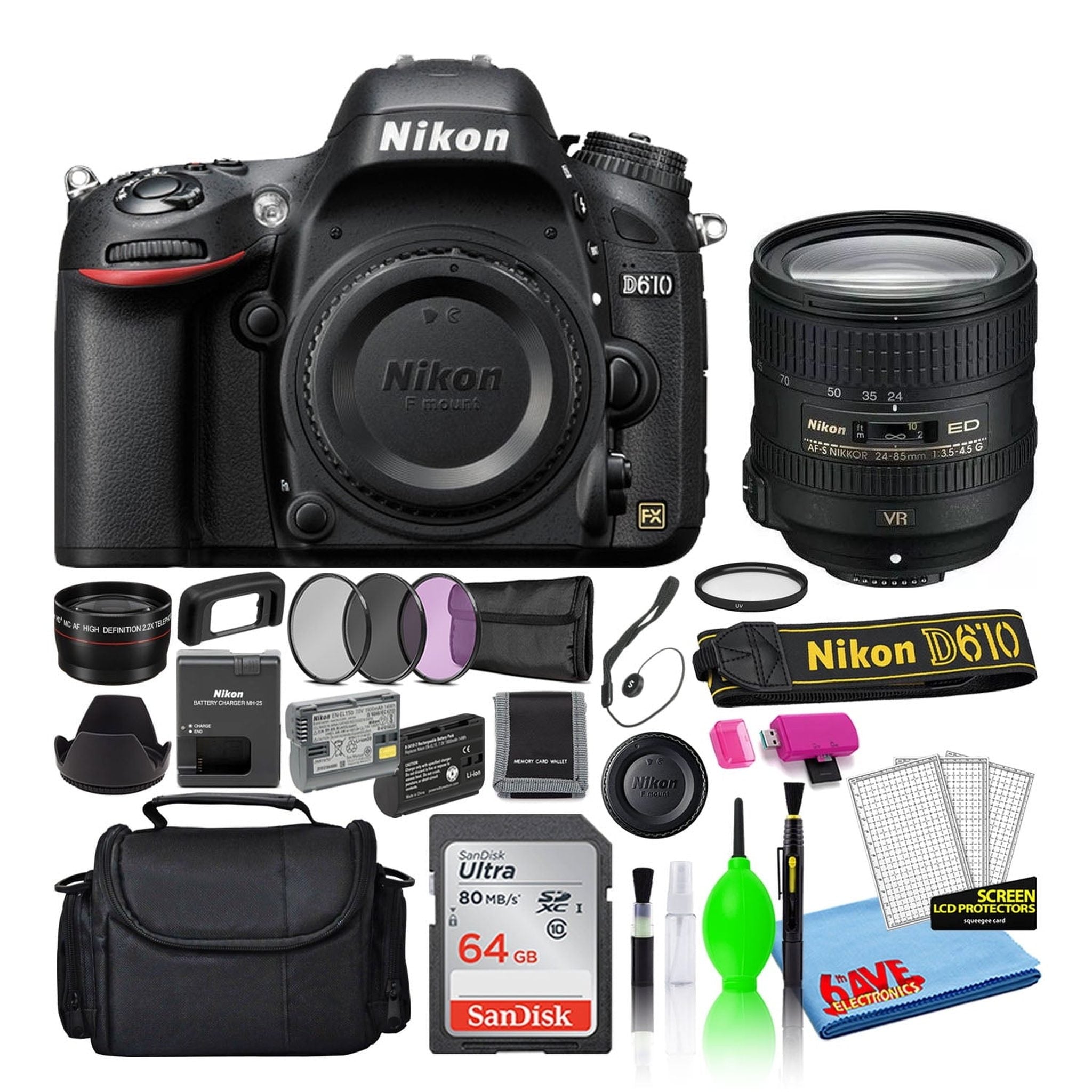 Nikon D610 Digital Camera with 24-85mm Lens 1540 + 64GB SD Card + Bag Intl Nikon