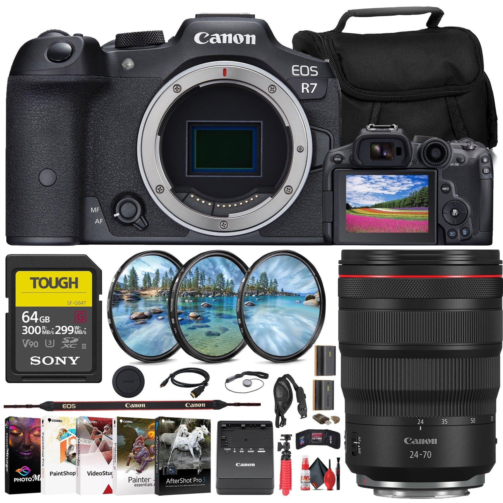 Canon EOS R7 Mirrorless Camera + Canon 24-70mm Lens + 64GB Card + Bag + More Canon