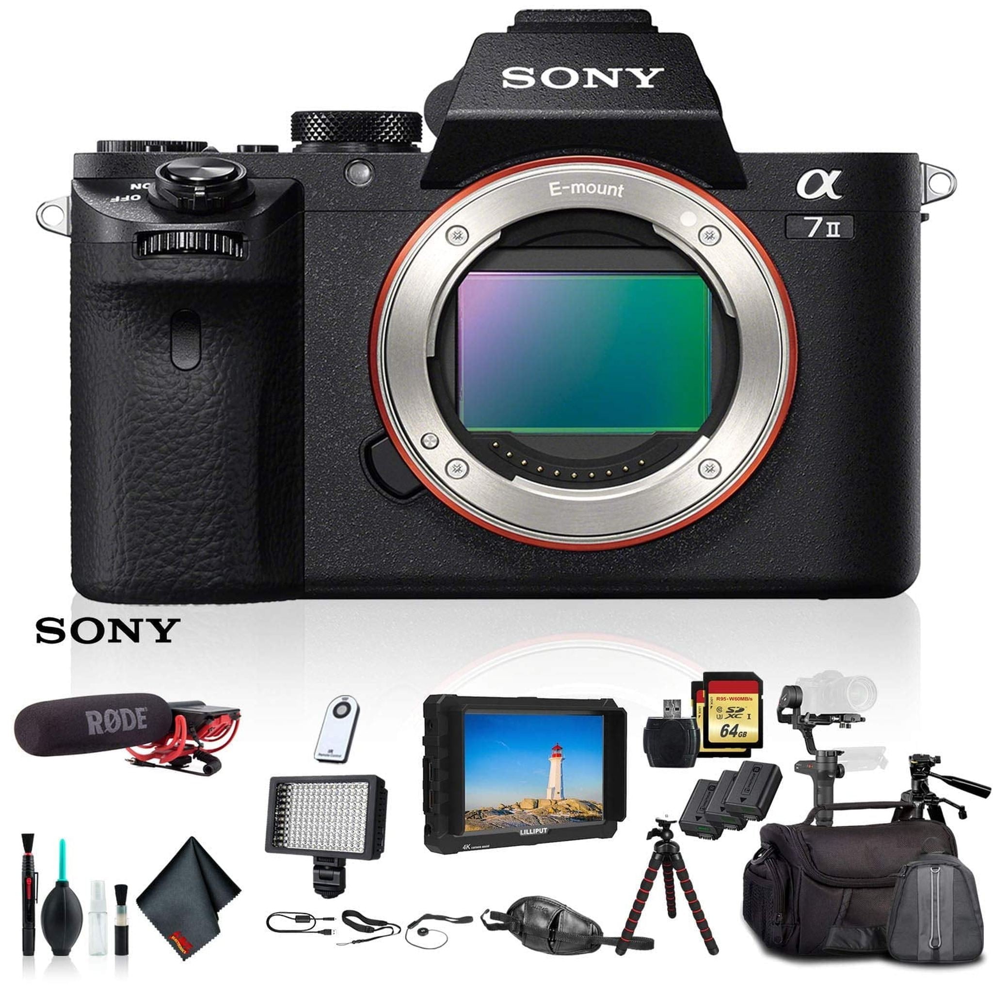 Sony Alpha a7 II Mirrorless Camera ILCE7M2/B With Soft Bag, Zhiyun-Tech Stabilizer, 2x Extra Batteries, Rode Mic, LED Light, 2x 64GB Memory Cards, External 4K Monitor , Plus Essential Accessories Sony