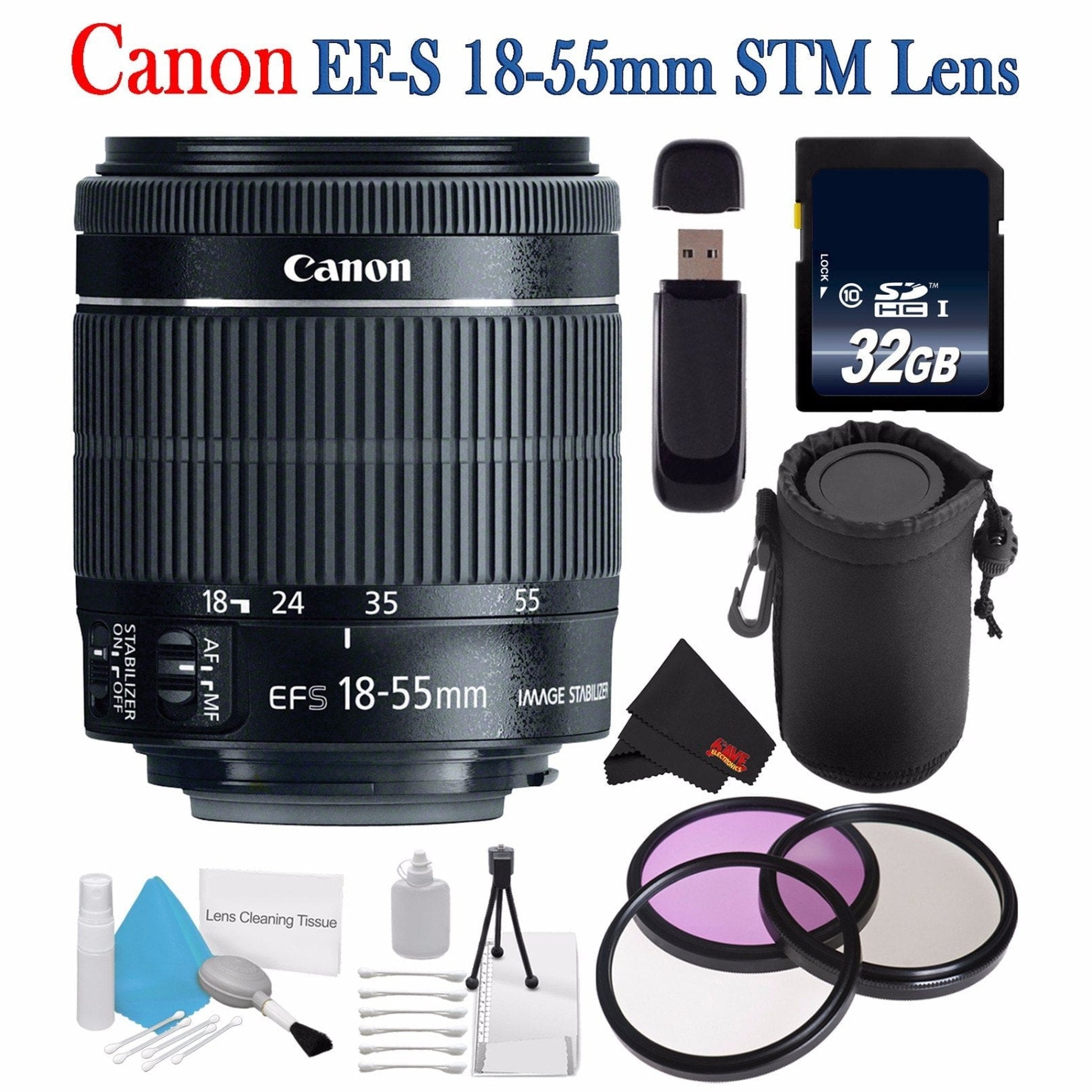 Canon EF-S 18-55mm f/3.5-5.6 IS STM Lens 8114B002 + 58mm 3 Piece Filter Kit + SD Card USB Reader + Deluxe Lens Pouch Bundle Canon