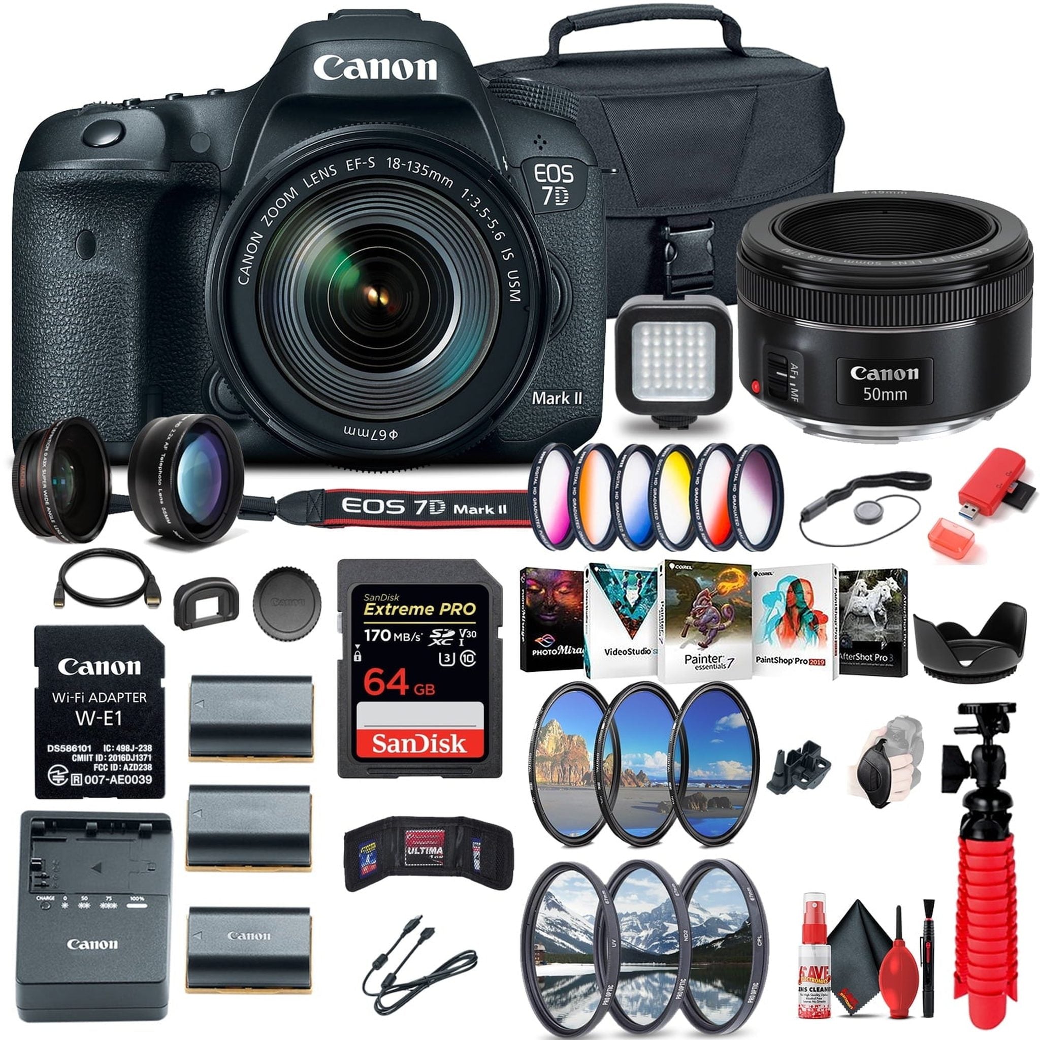 Canon EOS 7D Mark II DSLR Camera W/ 18-135mm f/3.5-5.6 IS USM Lens & W-E1 Ultimate Bundle Canon