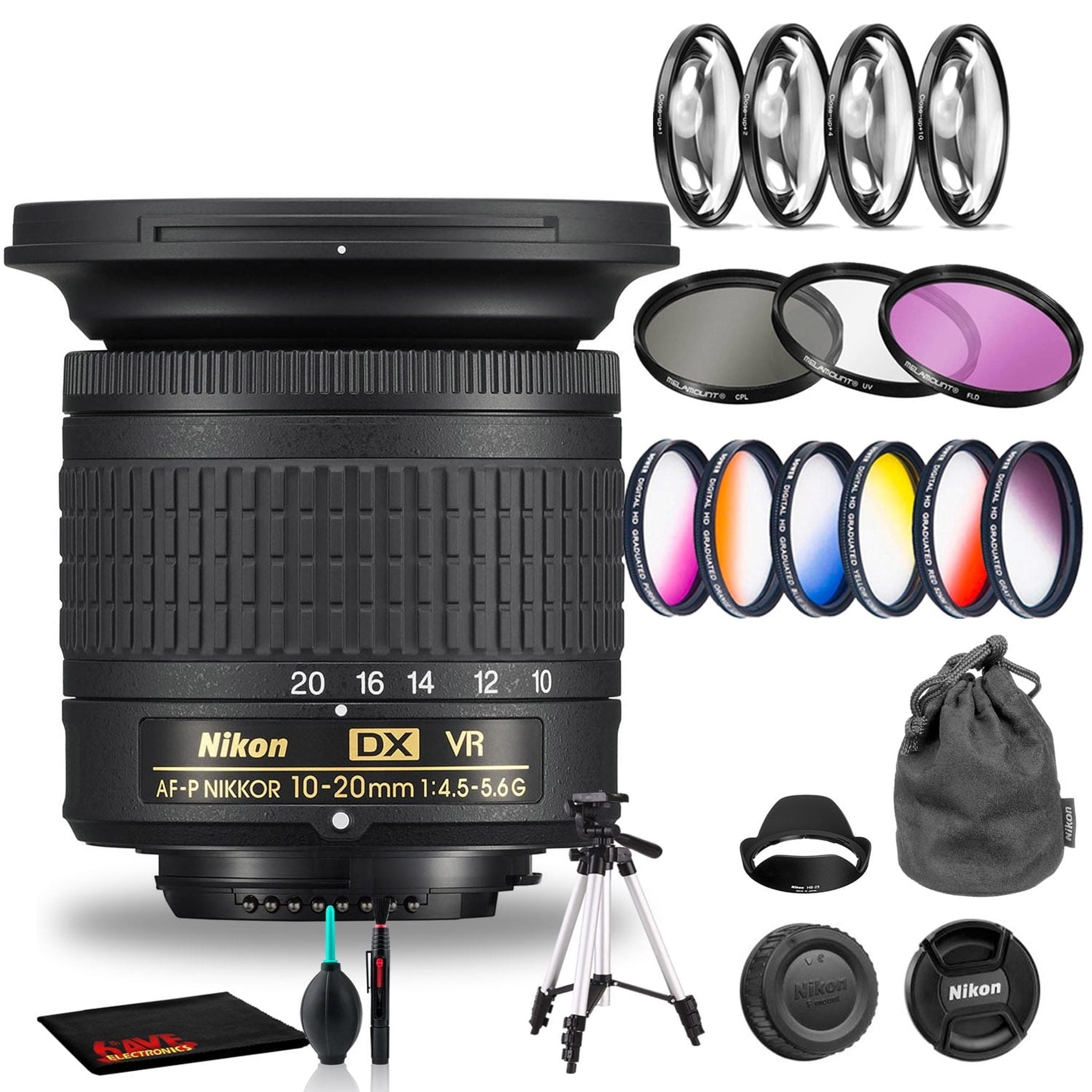 Nikon AF-P DX NIKKOR 10-20mm f/4.5-5.6G VR Lens Includes Filter Kits and Tripod Intl Model Nikon