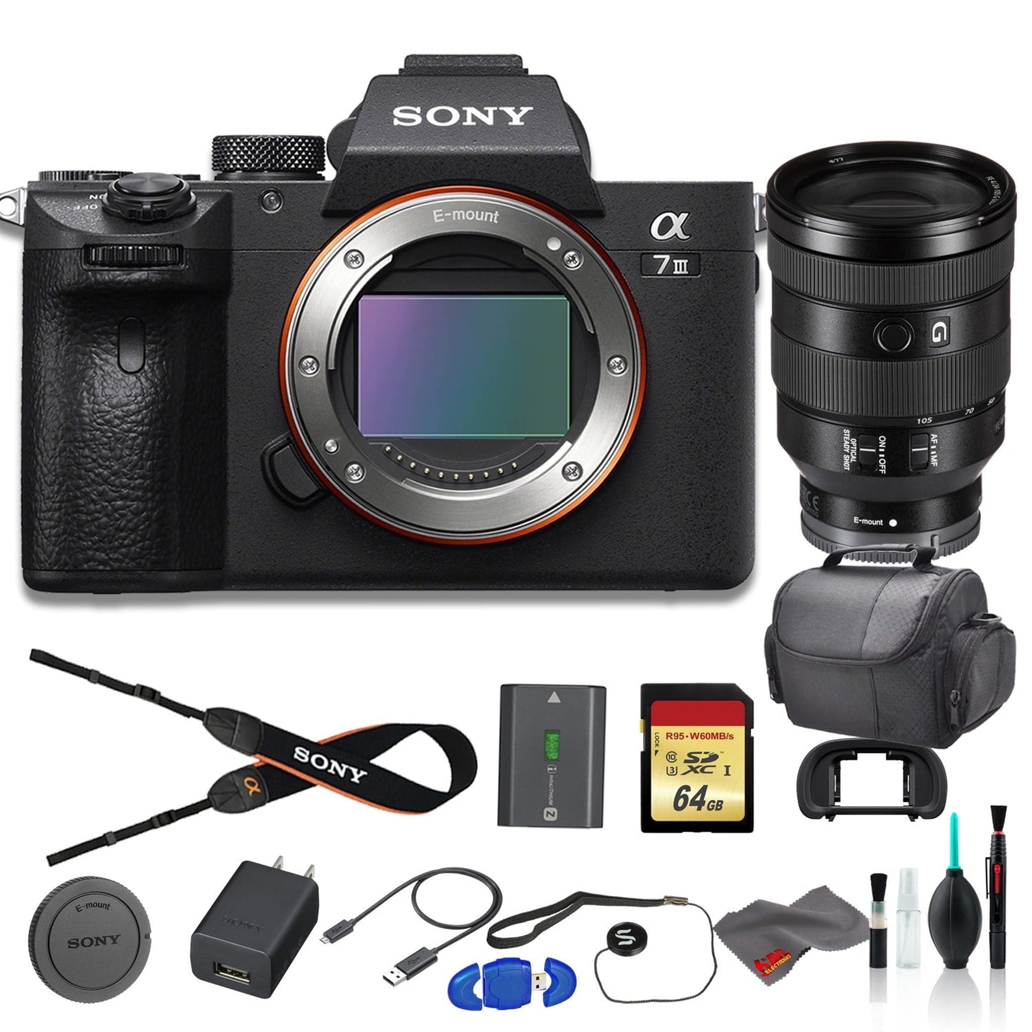 Sony Alpha a7 III Mirrorless Digital Camera Bundle - With Sony FE 24-105mm f/4 Lens, Bag, 64GB Memory Card, Memory Card Reader Sony