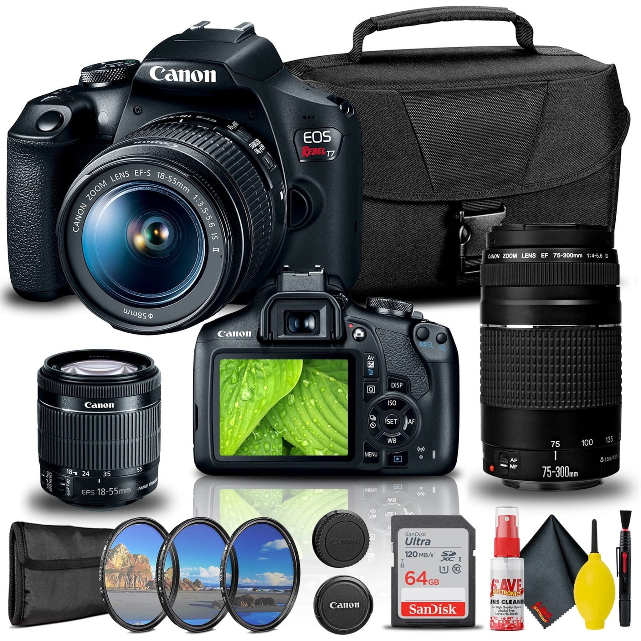 Canon EOS Rebel T7 DSLR Camera with 18-55mm and 75-300mm Lenses + Creative Filter Set + EOS Camera Bag + Sandisk Ultra 64GB Card + Cleaning Set, And More Canon