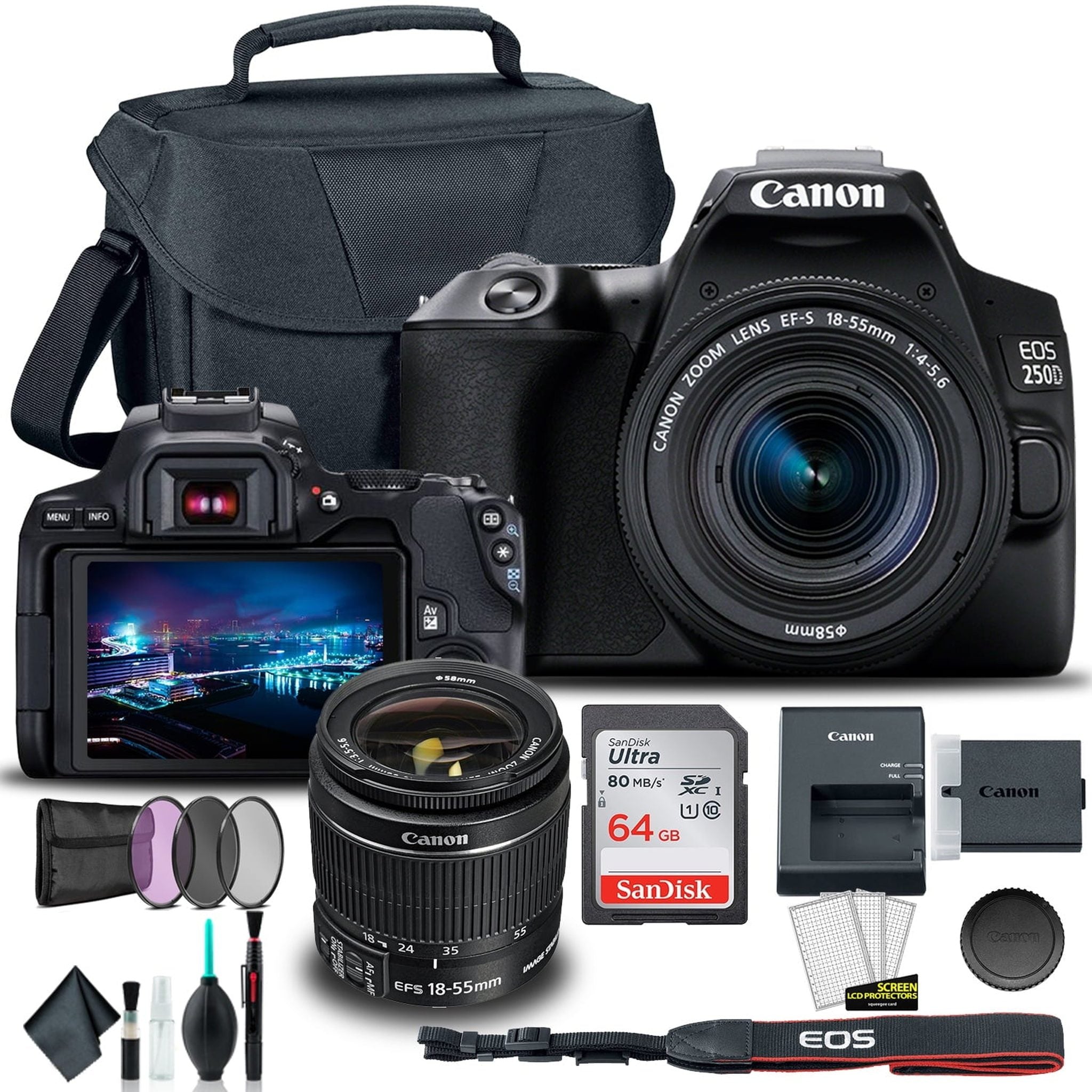 Canon EOS 250D / Rebel SL3 DSLR Camera with 18-55mm Lens Black + Creative Filter Set, EOS Camera Bag + Sandisk Ultra 64GB Card Pro Bundle Canon