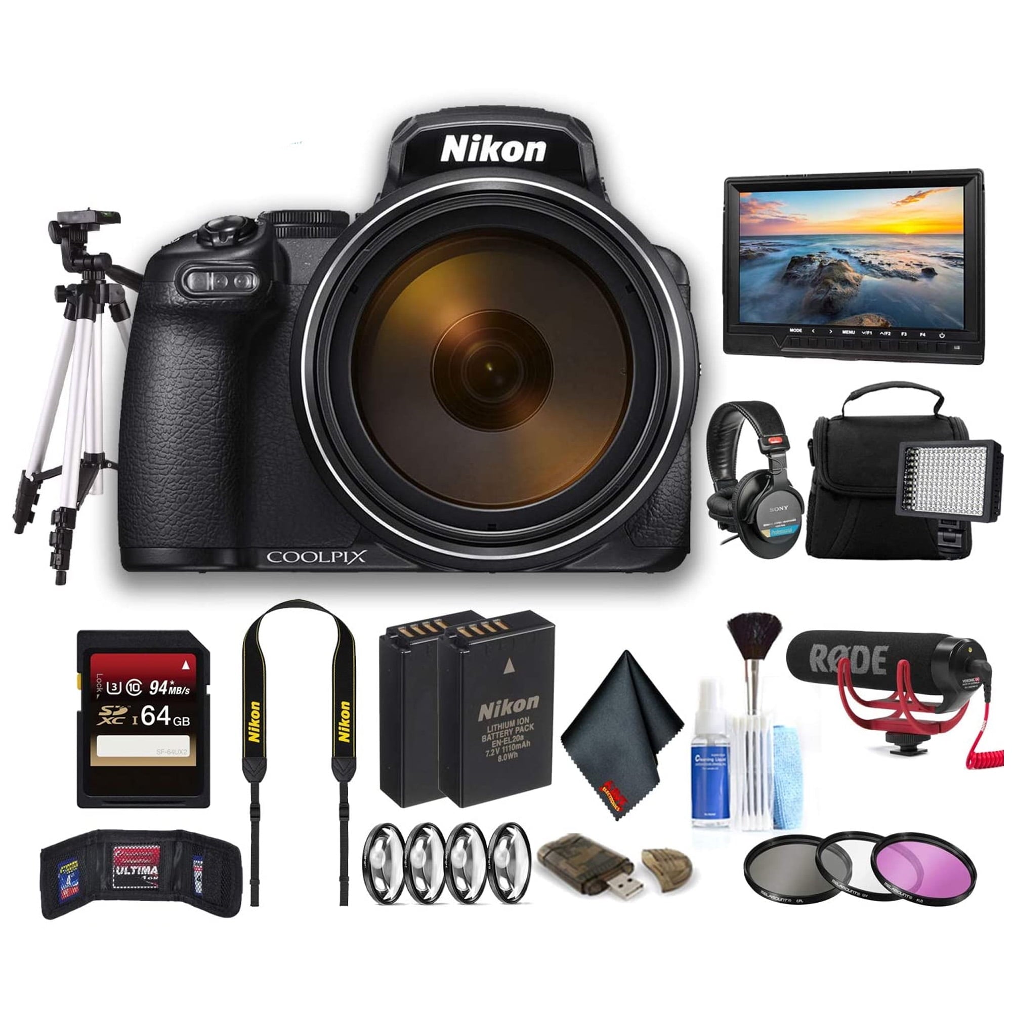 Nikon COOLPIX P1000 Digital Camera 26522 Professional Bundle W/Bag, Extra Battery, LED Light, Mic, Filters, Tripod, Mo Nikon