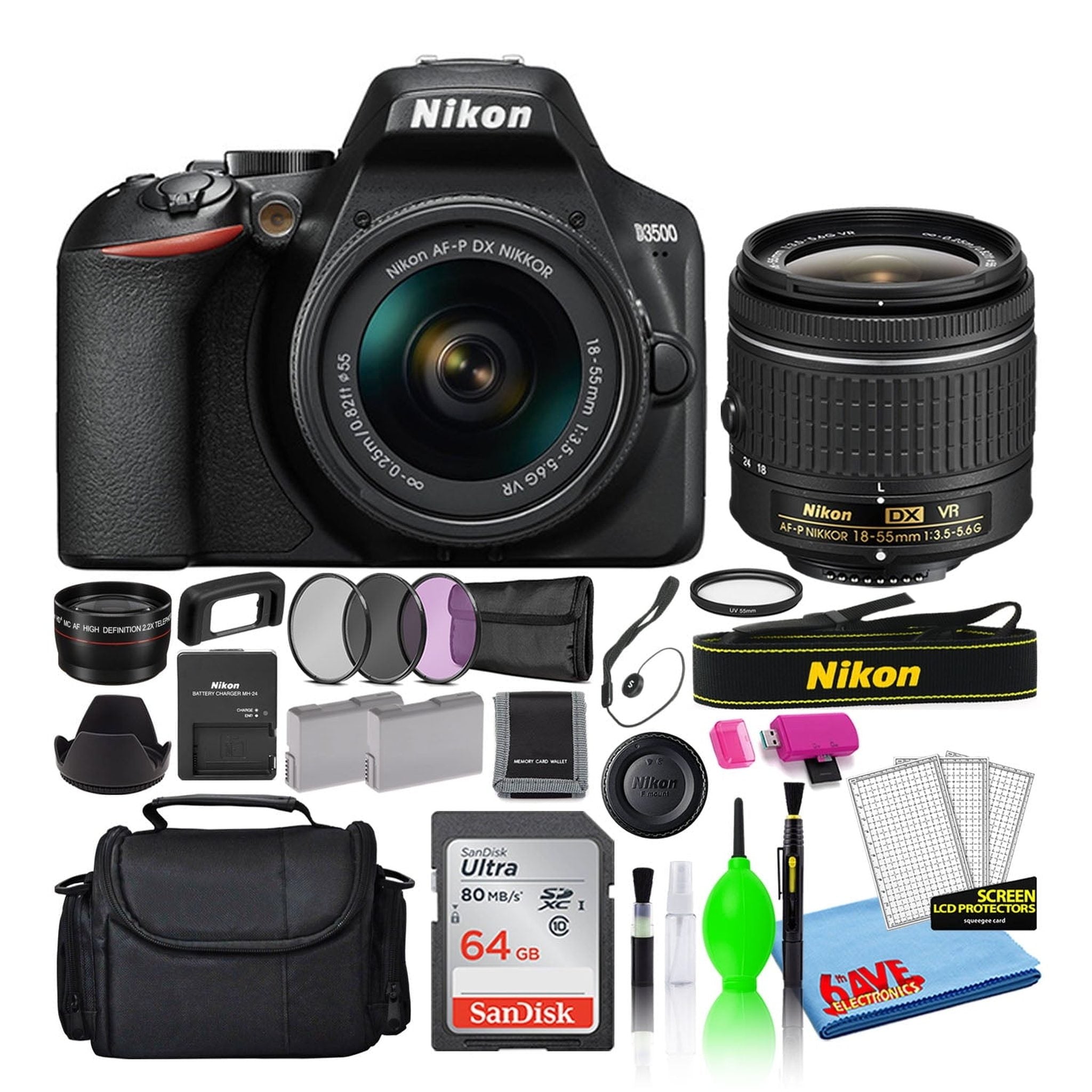 Nikon D3500 Digital Camera with 18-55mm Lens 1590 + 64GB SD Card + Bag Intl Nikon