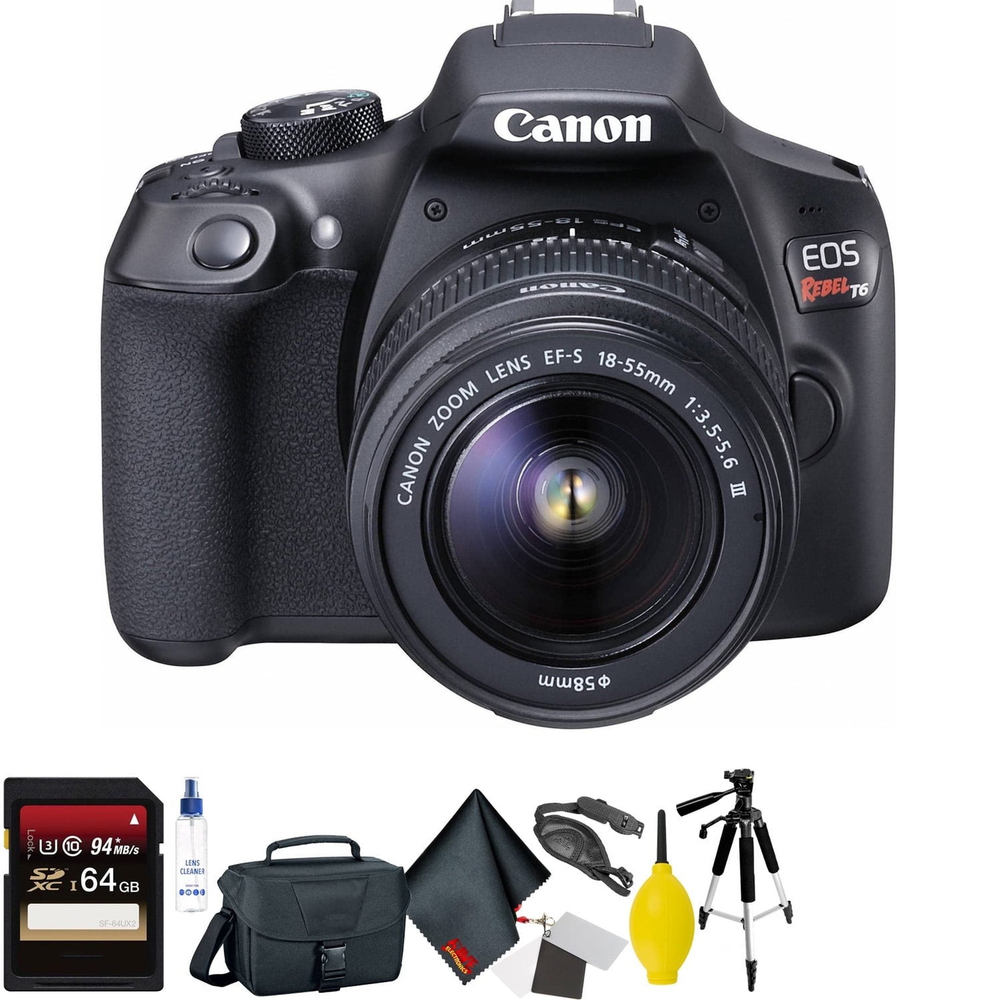 Canon EOS Rebel T6 DSLR Camera with 18-55mm and 75-300mm Lenses Kit + 64GB Memory Card + Mega Accessory Kit + 2 Year Accidental Warranty Bundle Canon