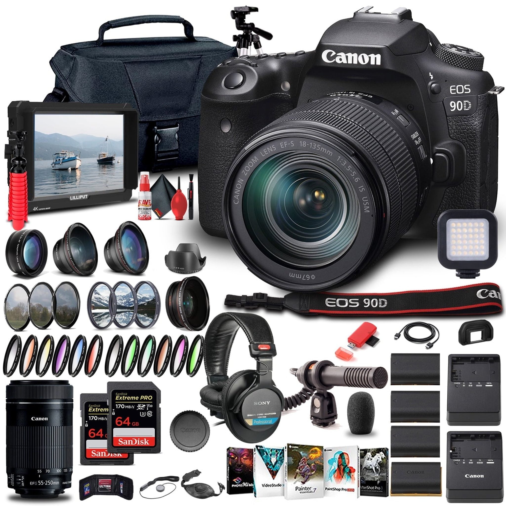 Canon EOS 90D Camera W/ 18-135mm and Canon EF-S 55-250mm Lenses - Pro Bundle Canon