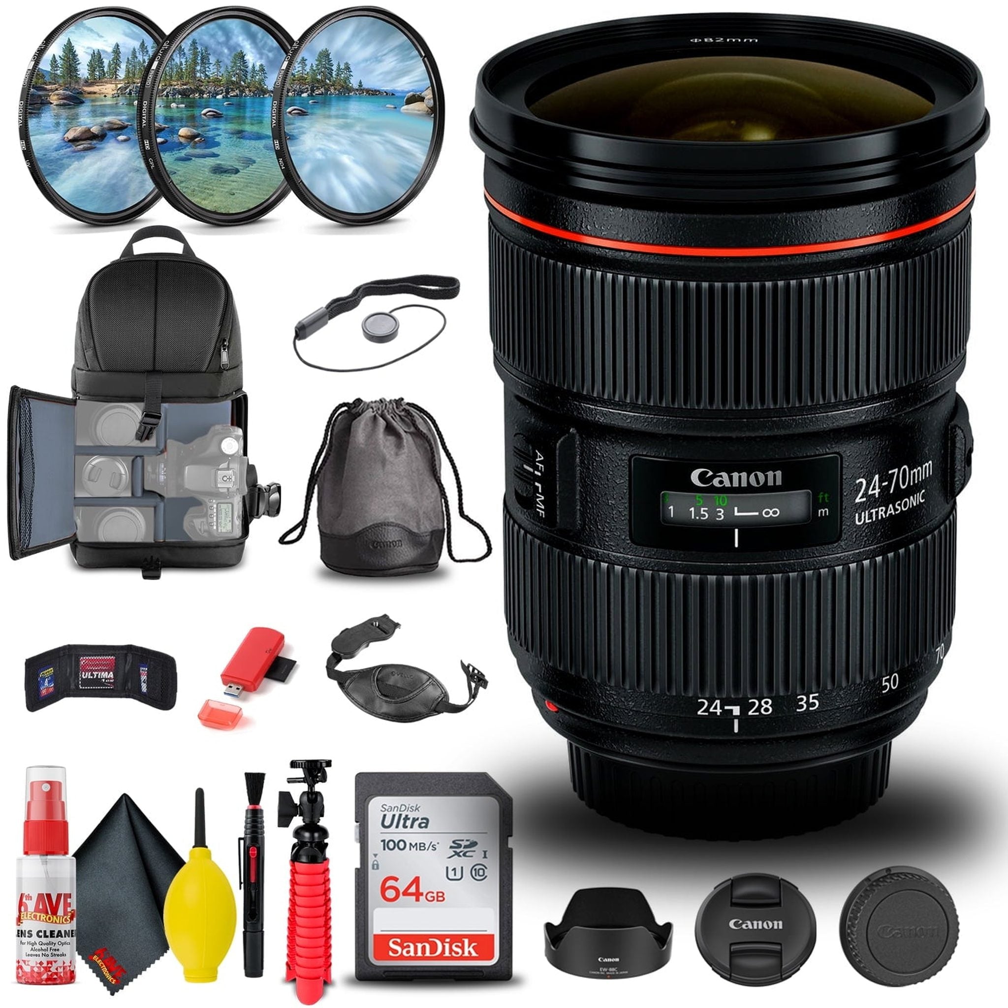 Canon EF 24-70mm f/2.8L II USM Lens (5175B002) + Filter Kit + BackPack + More