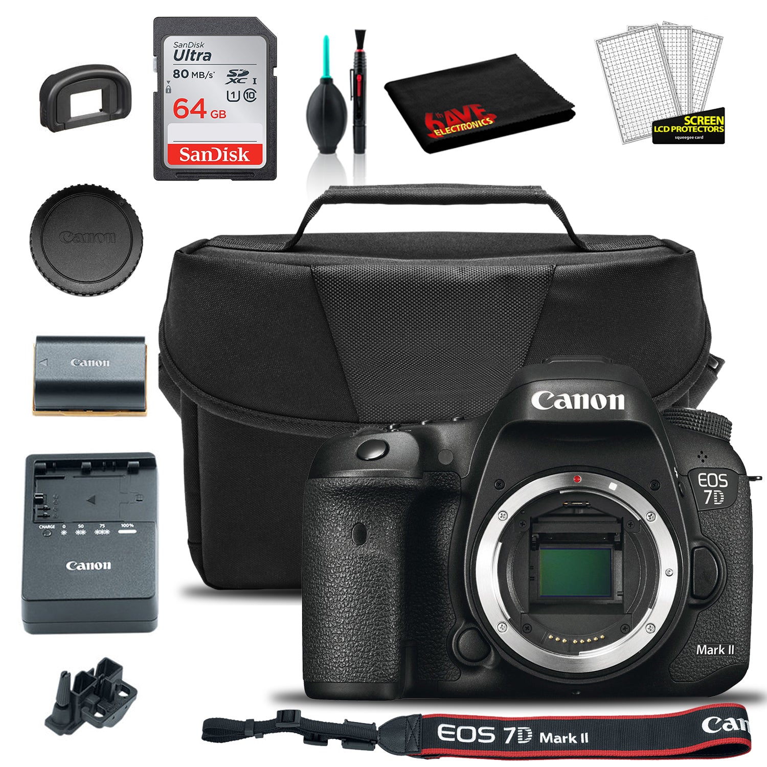 Canon EOS 7D Mark II DSLR Camera Body Only 9128B002 + EOS Bag + Sandisk Ultra 64GB Card + Clean and Care Set International Model Canon