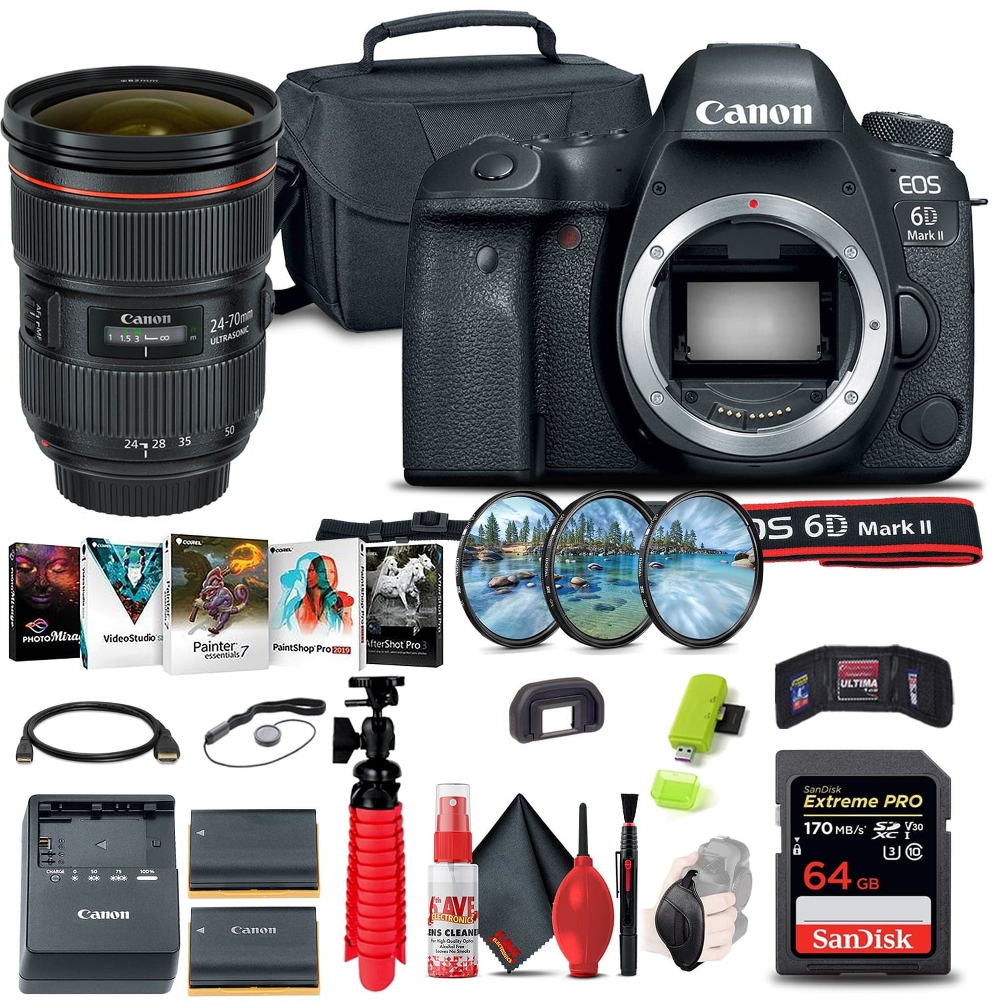 Canon EOS 6D Mark II DSLR Camera 1897C002 + Canon EF 24-70mm Lens + More Canon