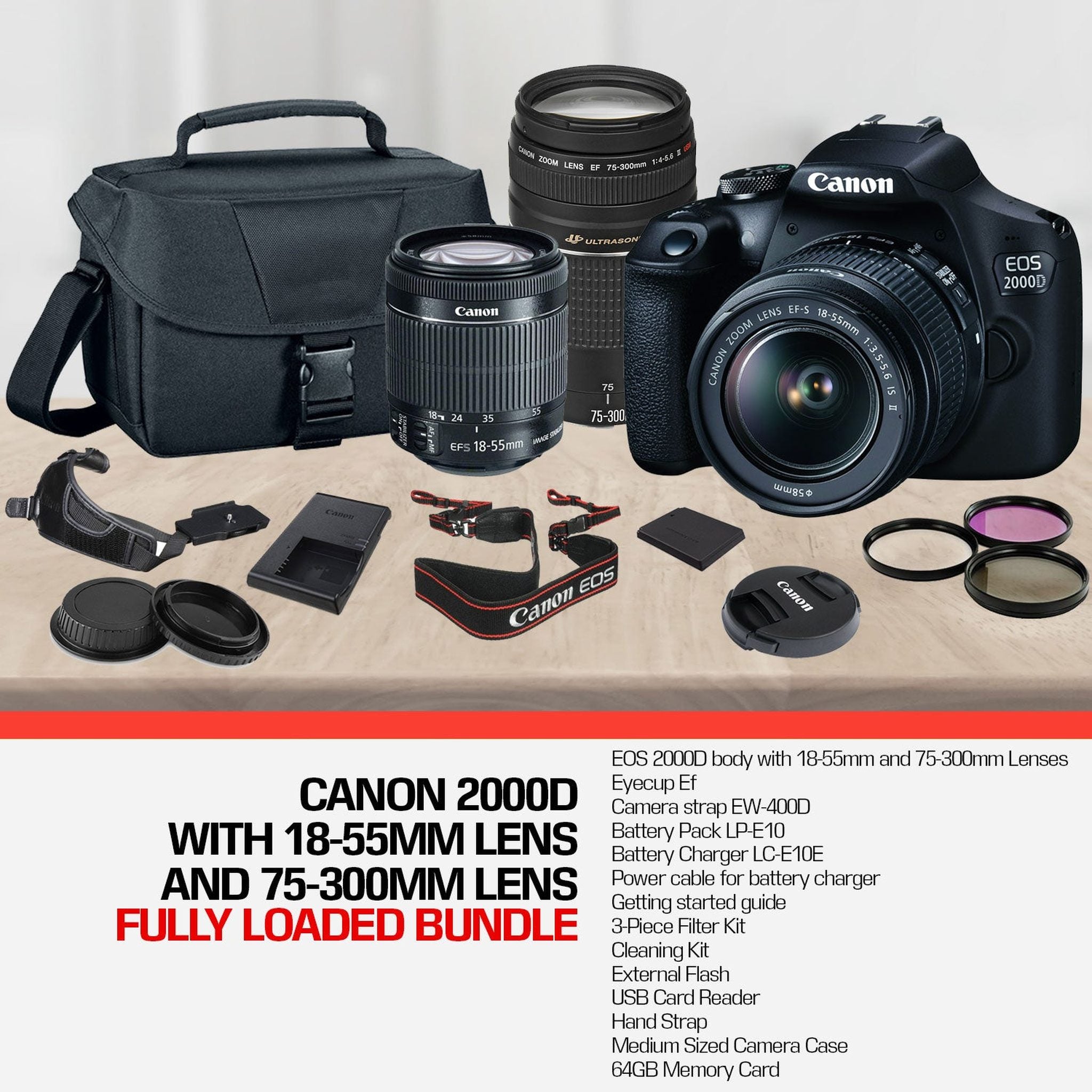 Canon EOS 2000D Rebel t7 DSLR Camera and EF-S 18-55 mm f/3.5-5.6 IS III Lens + 75-300mm Telephoto Zoom Lens + 64GB Memory Card Canon