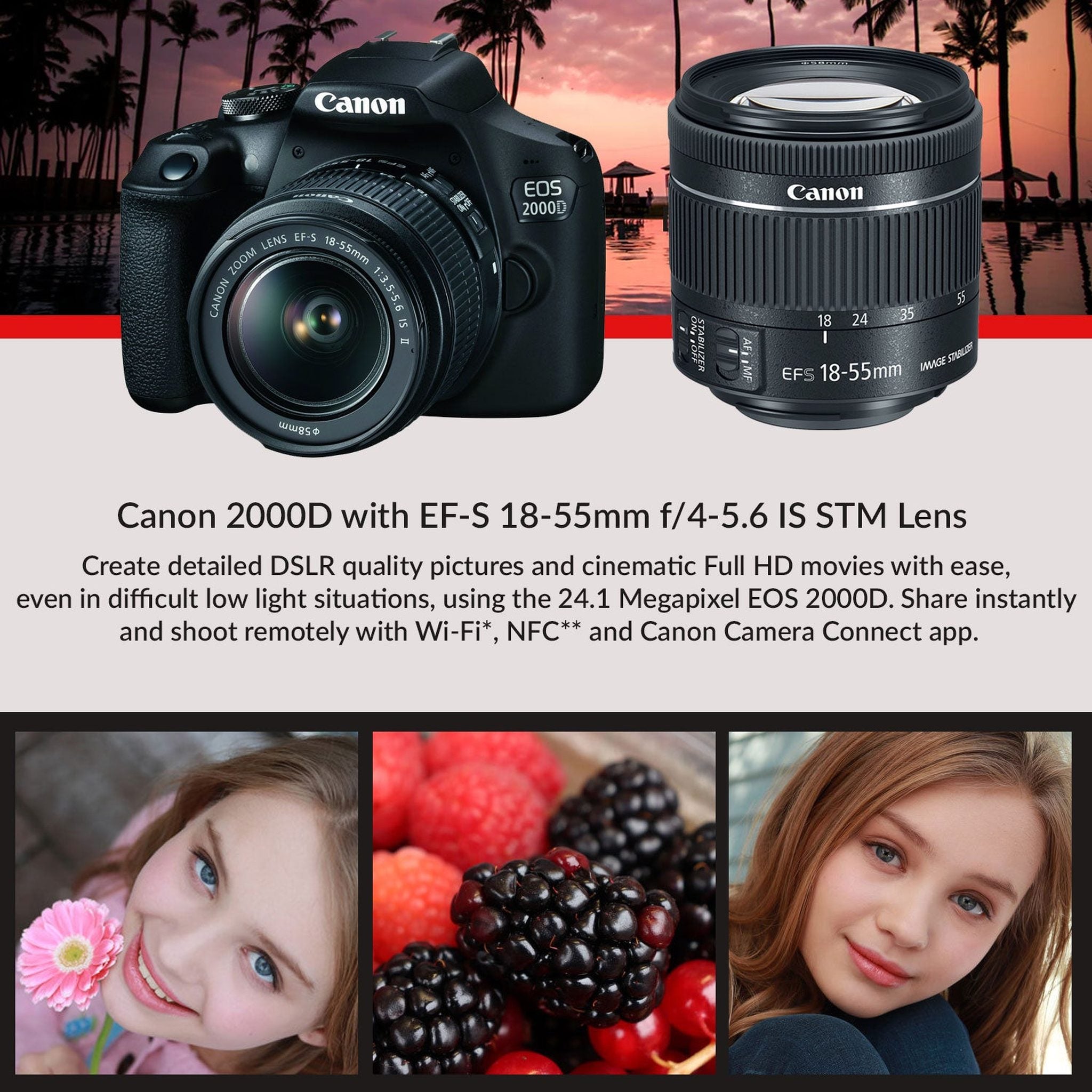 Canon EOS 2000D Rebel t7 DSLR Camera and EF-S 18-55 mm f/3.5-5.6 IS III Lens + 75-300mm Telephoto Zoom Lens + 64GB Memory Card Canon