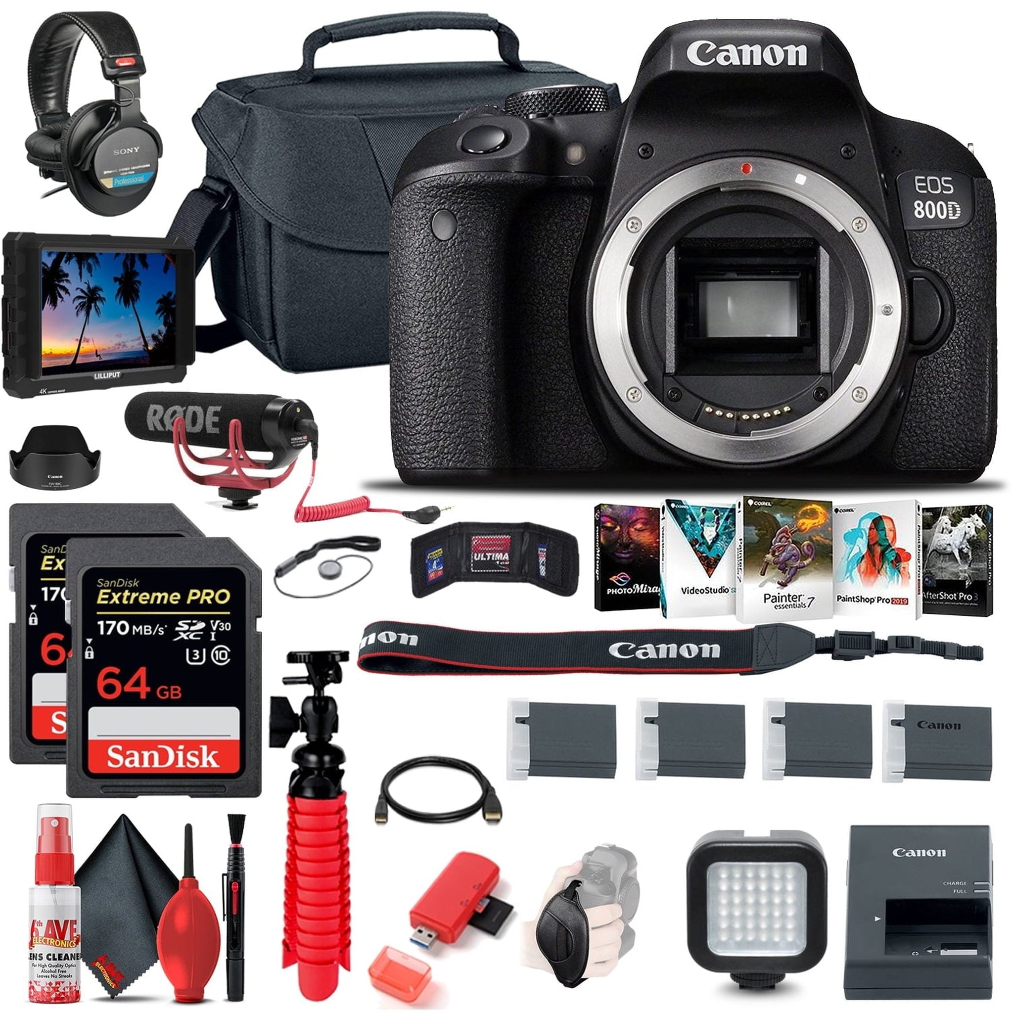 Canon EOS Rebel 800D / T7i DSLR Camera Body Only + 4K Monitor + Mic + More Canon