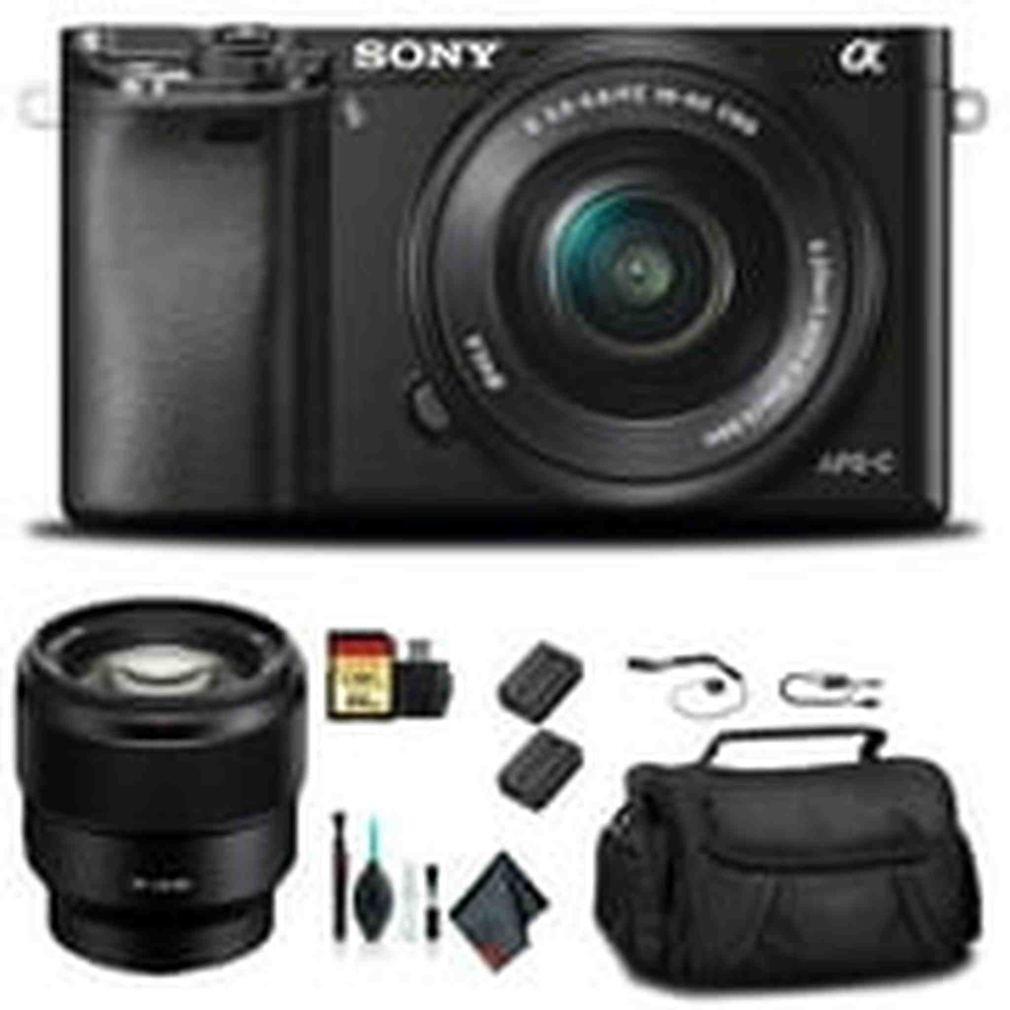 Sony Alpha a6000 Mirrorless Camera with 16-50mm and 55-210mm Lenses ILCE6000Y/B With Sony FE 85mm Lens, Soft Bag, Additional Battery, 64GB Memory Card, Card Reader , Plus Essential Accessories Sony