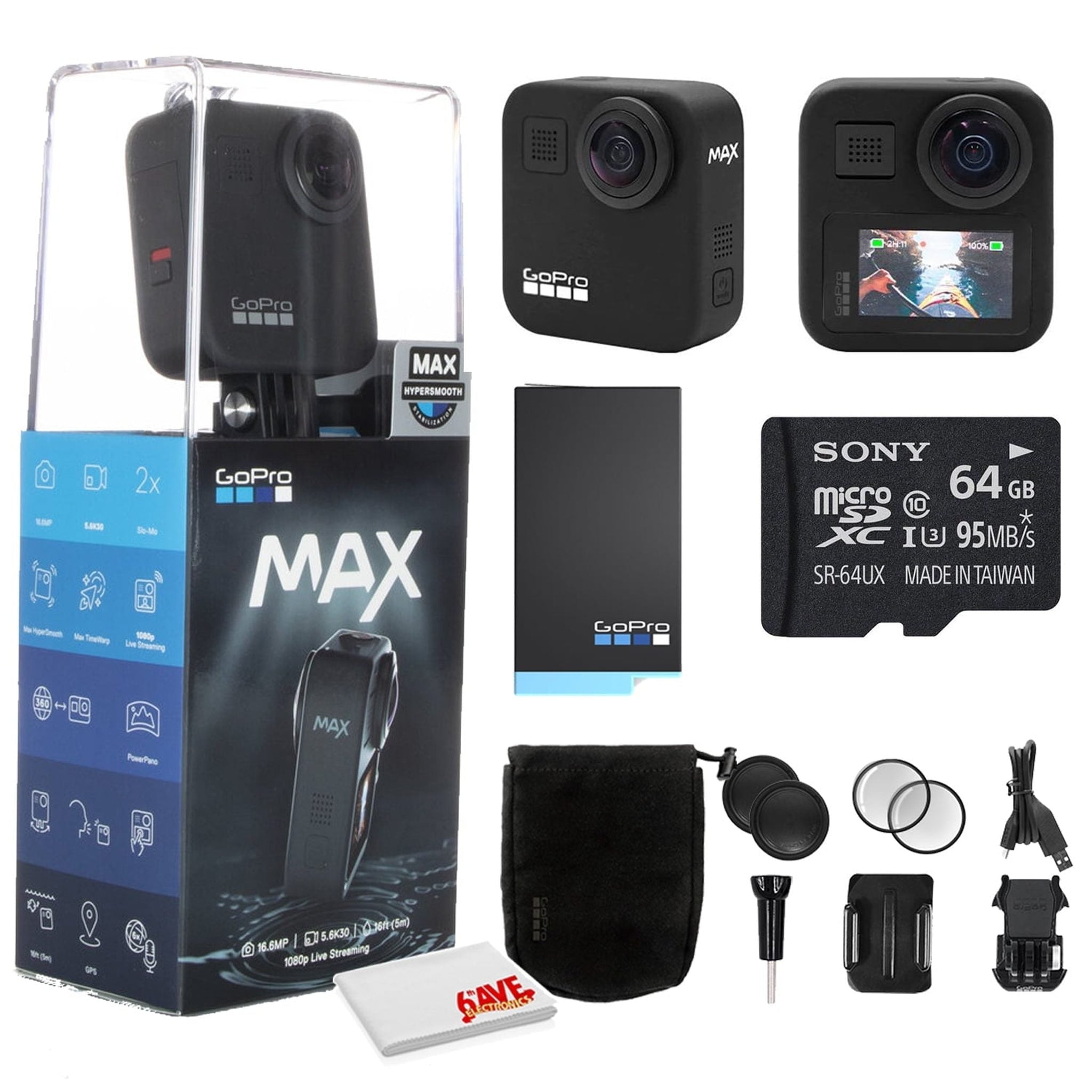 GoPro MAX 360 Waterproof Action Camera - With Cleaning Set + 64GB Memory Card and More. GoPro