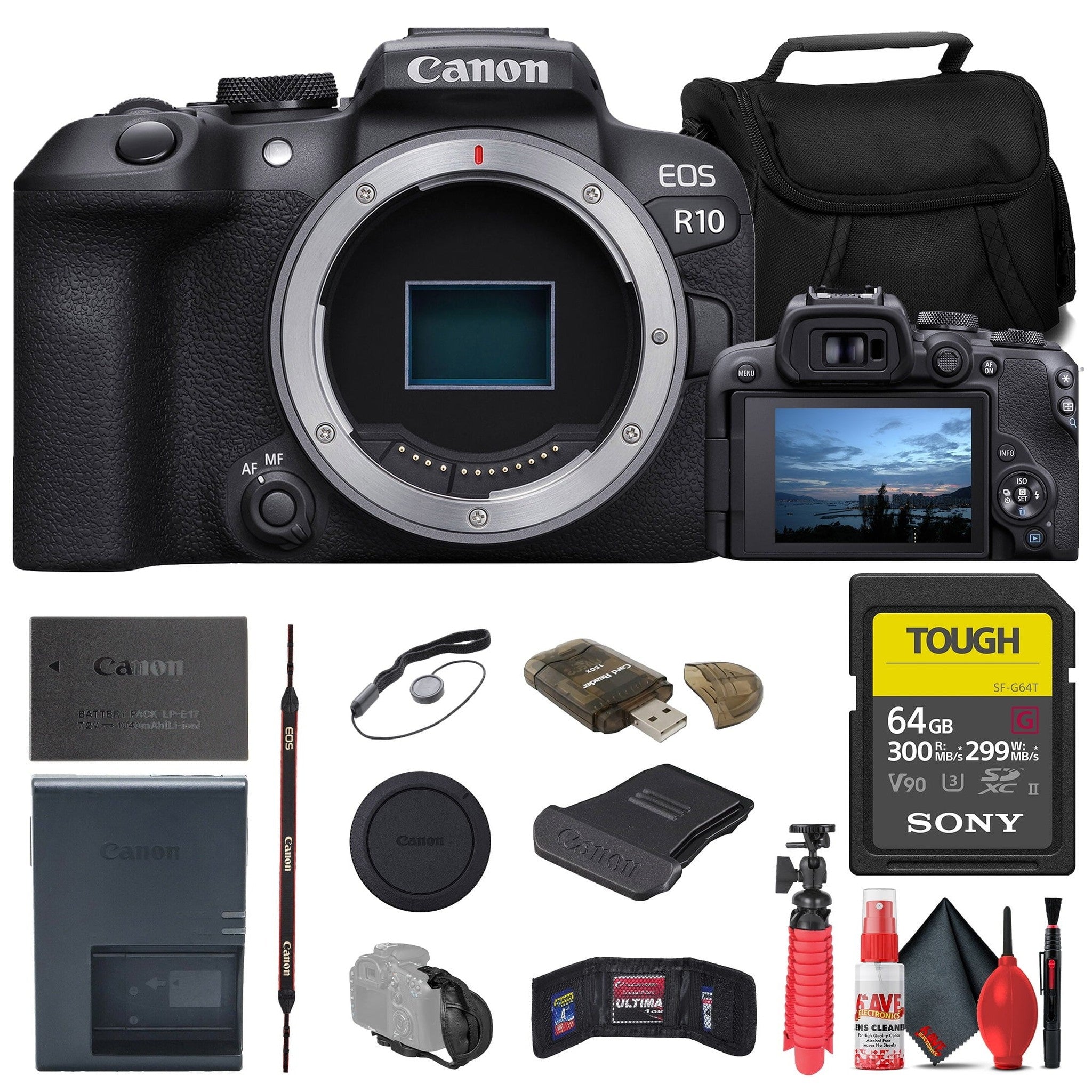 Canon EOS R10 Mirrorless Camera + Sony 64GB TOUGH SD Card + Bag + Reader + More Canon