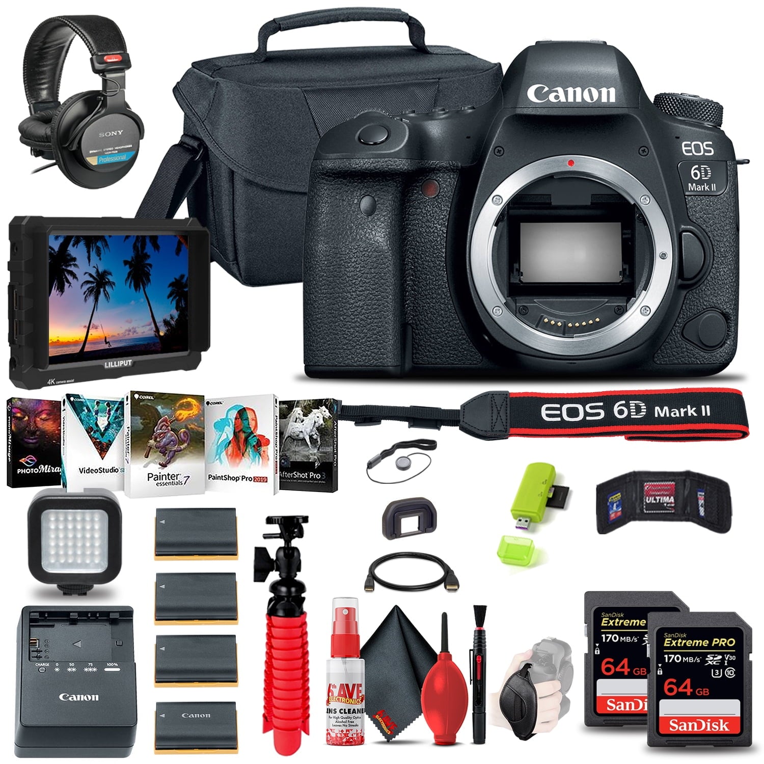 Canon EOS 6D Mark II DSLR Camera Body Only 1897C002 + 4K Monitor + More Canon