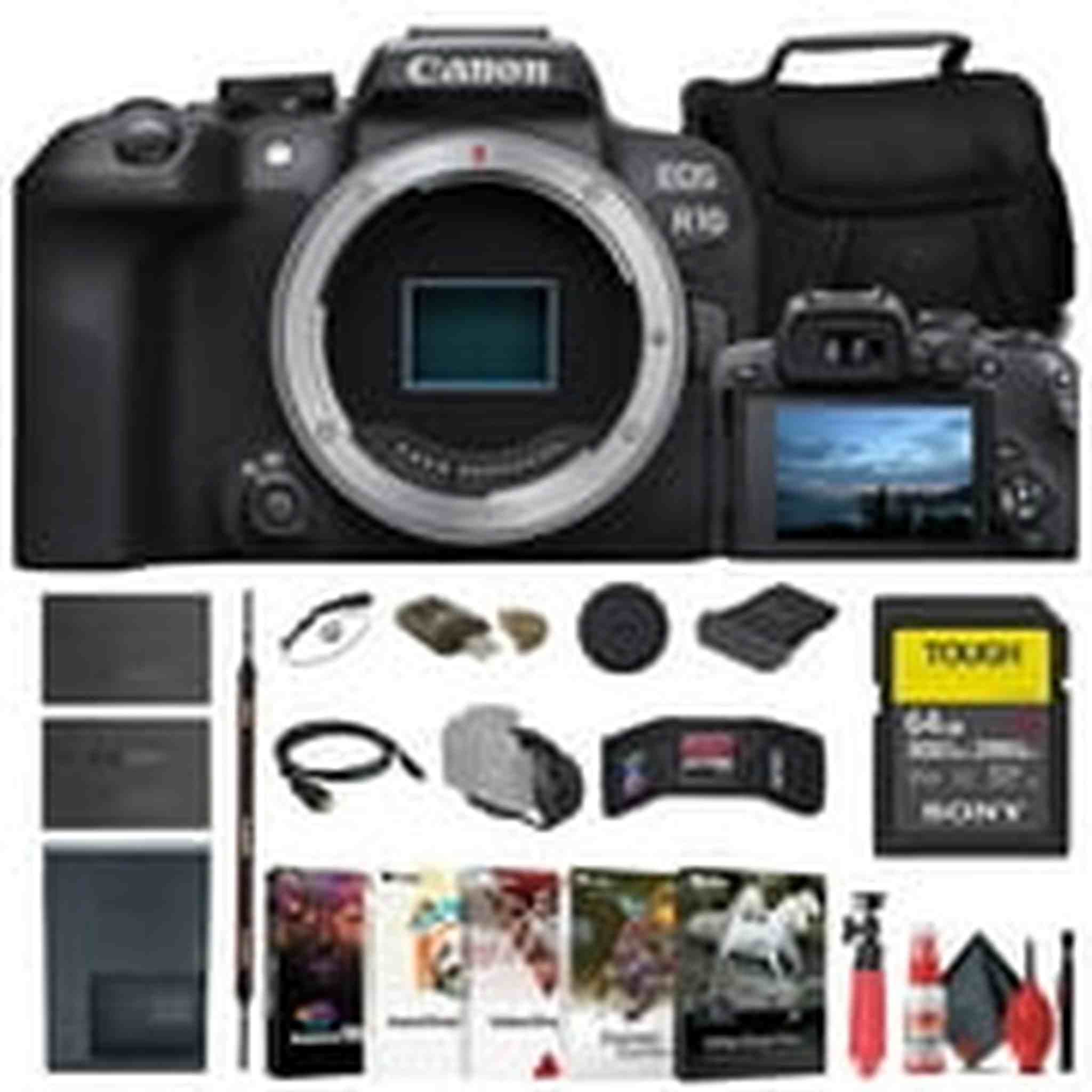 Canon EOS R10 Mirrorless Camera + Sony 64GB TOUGH SD Card + Bag + Charger + More Canon