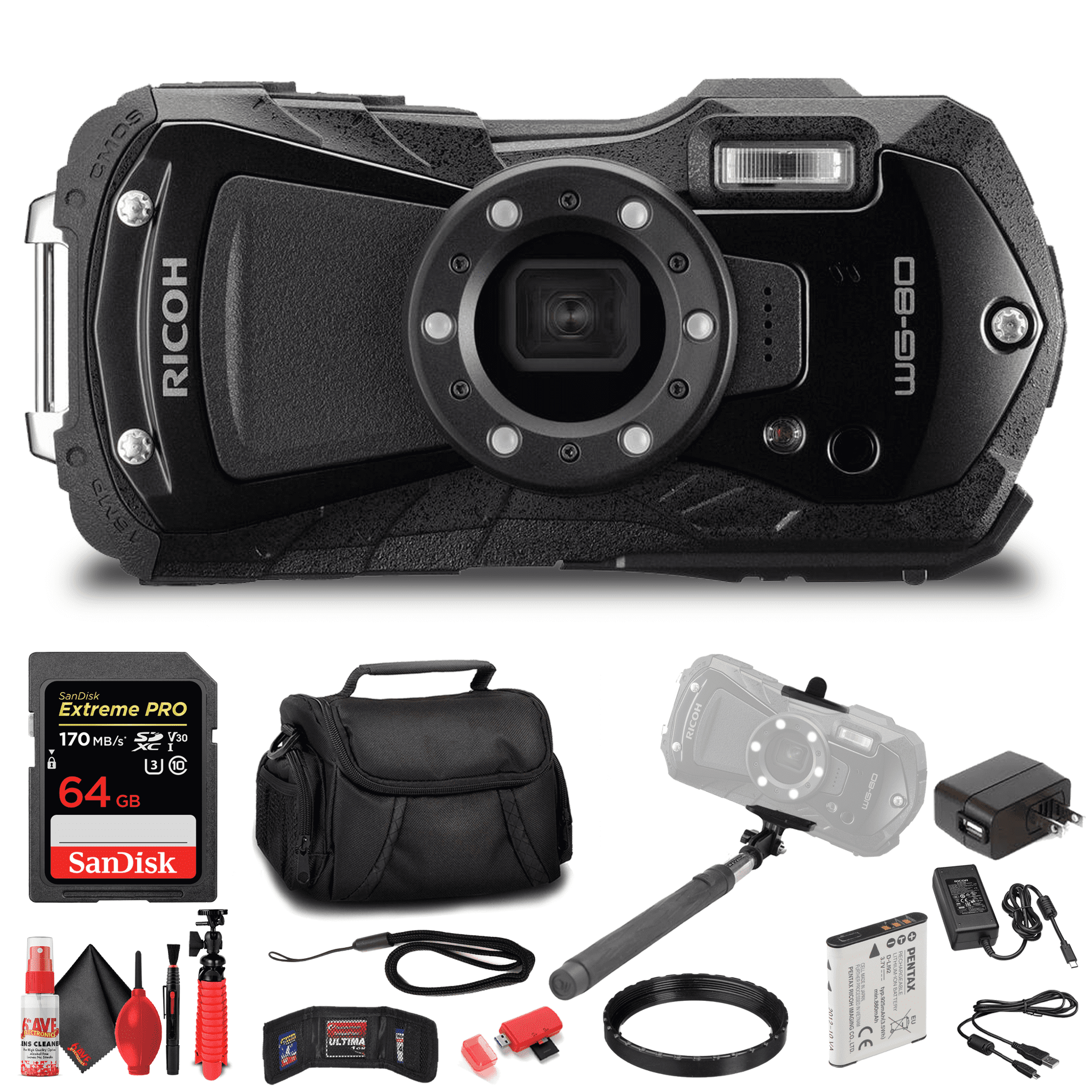 Ricoh WG-80 Waterproof Digital Camera Black with Accessories Ricoh