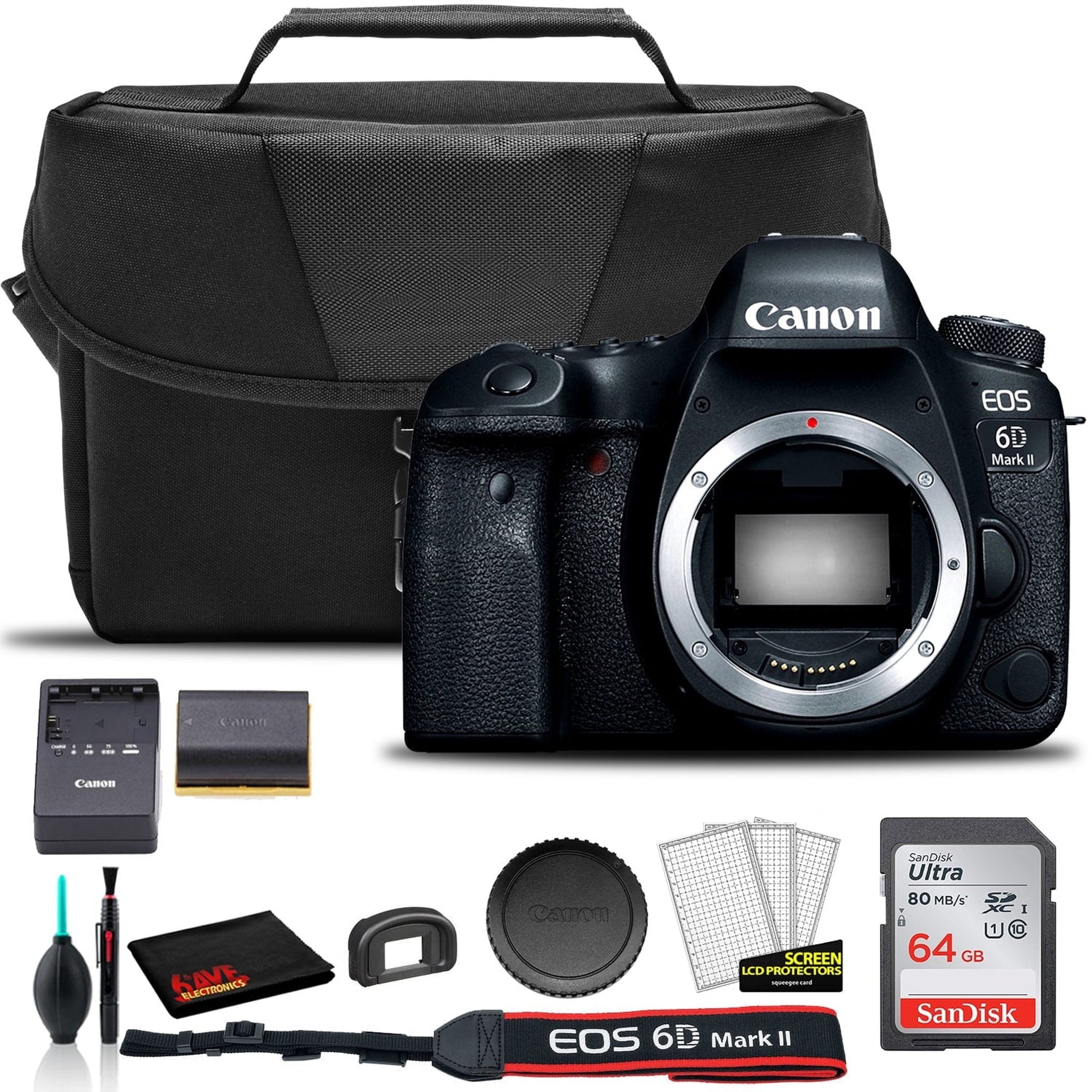 Canon EOS 6D Mark II DSLR Camera Body Only 1897C002 + EOS Bag + Sandisk Ultra 64GB Card + Cleaning Set And More Canon