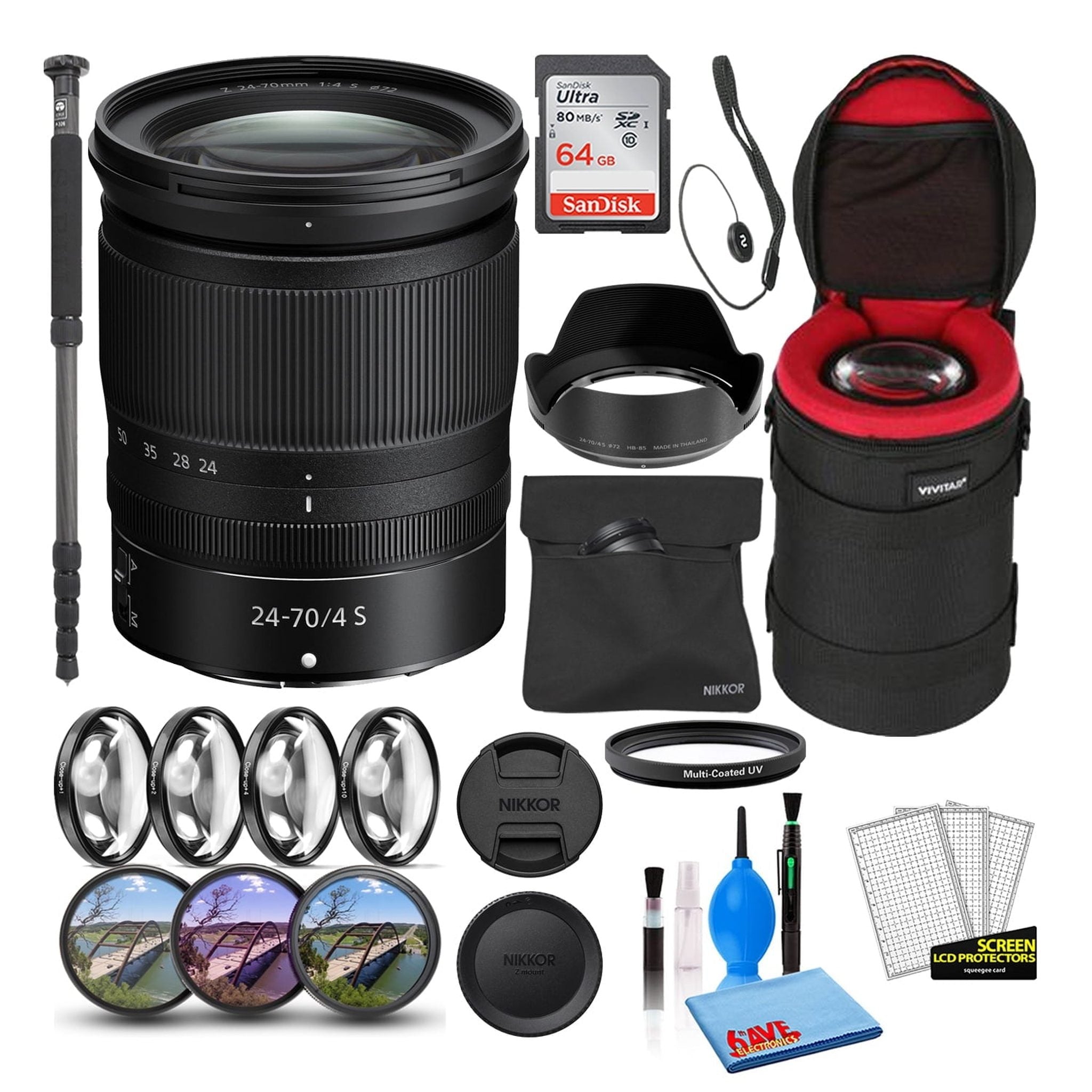 Nikon NIKKOR Z 24-70mm f/4 S Zoom Lens 20072 Intl Model Bundle + 64GB SD Card Nikon