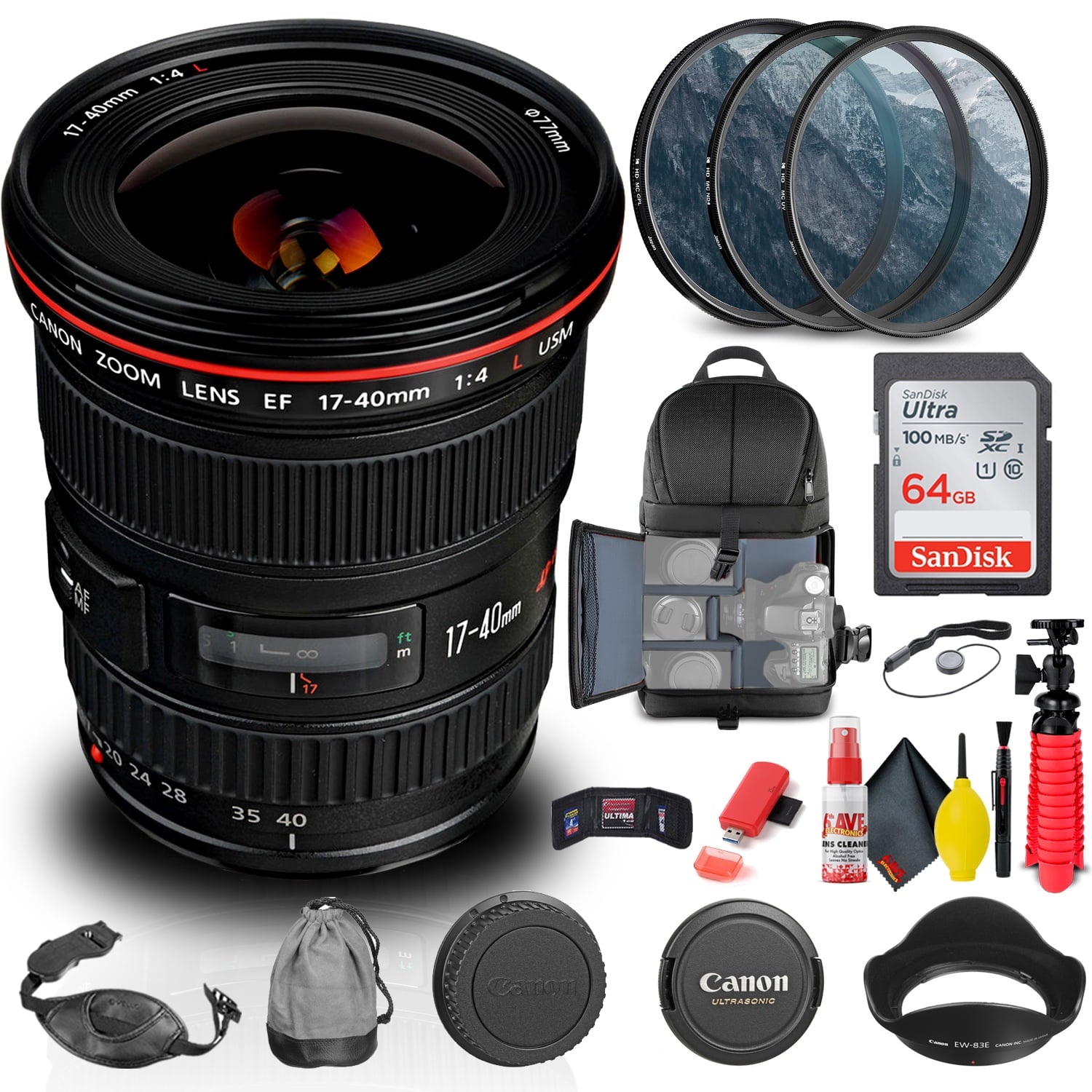 Canon EF 17-40mm f/4L USM Lens (8806A002) + Filter + BackPack + 64GB Card + More