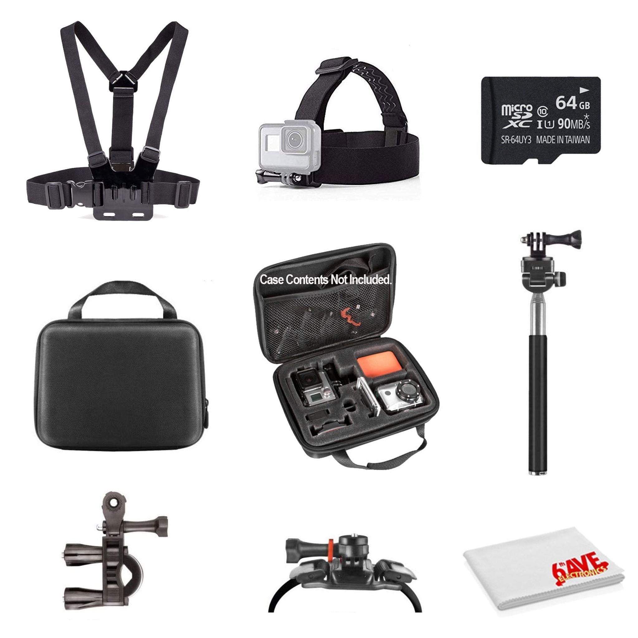 Basic Action Camera Accessory Kit Bundle With - 64GB MICRO SD CARD + MicroFiber Cleaning Cloth 6th Ave Electronics