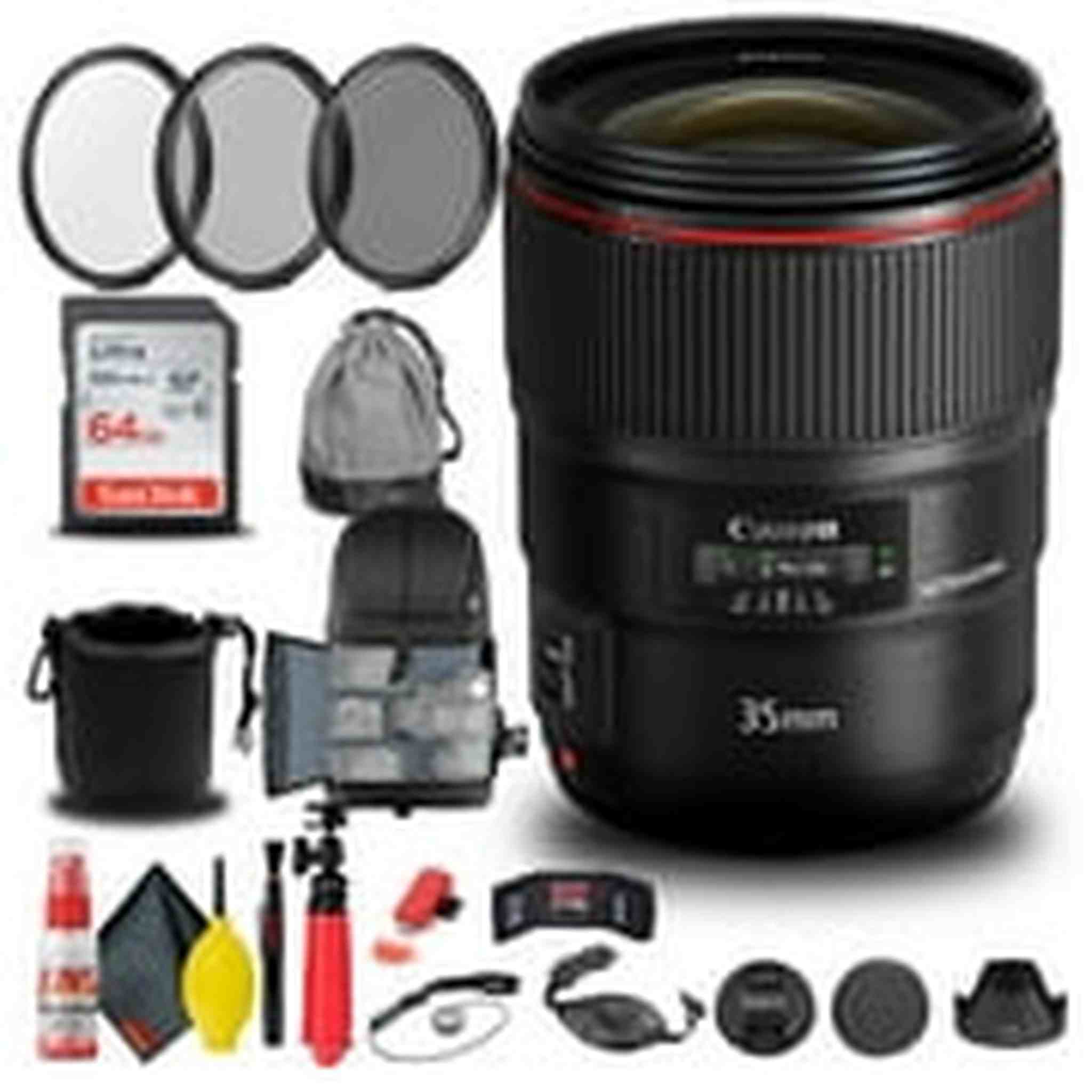 Canon EF 35mm f/1.4L II USM Lens + Filter + BackPack + 64GB Card + More Canon