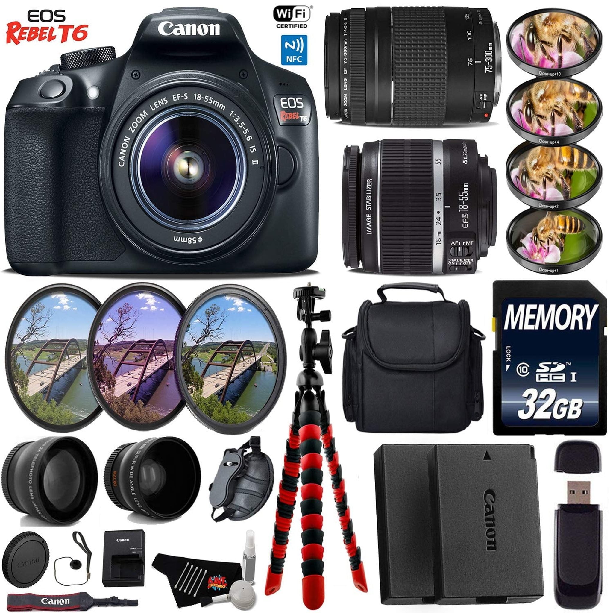 Canon EOS Rebel T6 DSLR Camera 18-55mm is II Lens & 75-300mm III Lens + UV FLD CPL Filter Kit + 4 PC Macro Kit + Wide An Canon