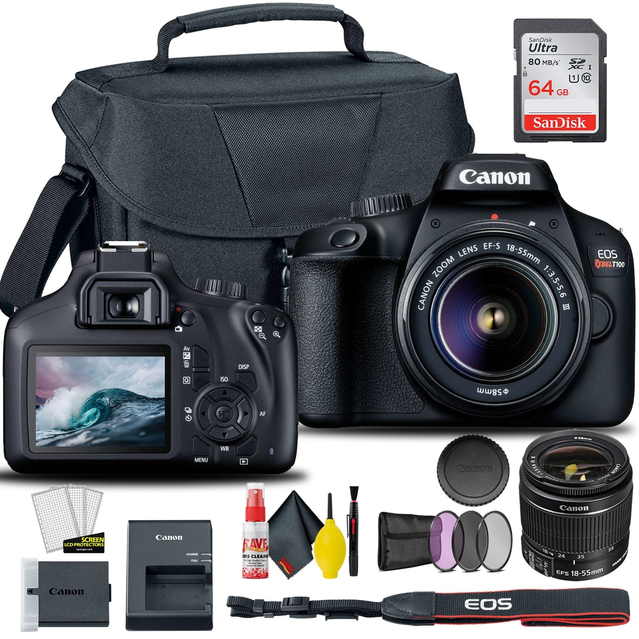 Canon EOS 4000D / Rebel T100 DSLR Camera with 18-55mm Lens 58mm Filters Intl Bundle Canon