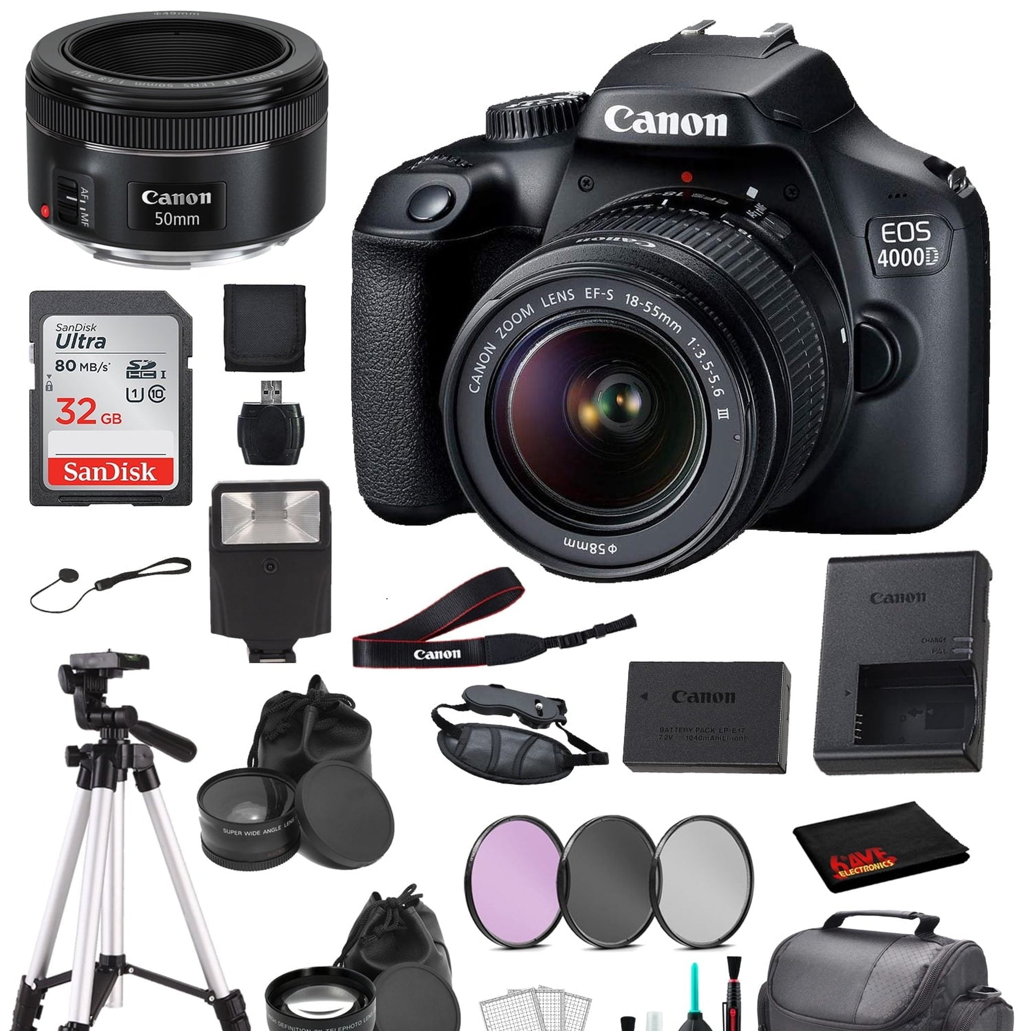 Canon EOS 4000D Rebel T100 EF-S 18-55mm and EF 50mm f/1.8 STM Lens Bundle �SanDisk 32gb + Filters + - International Canon