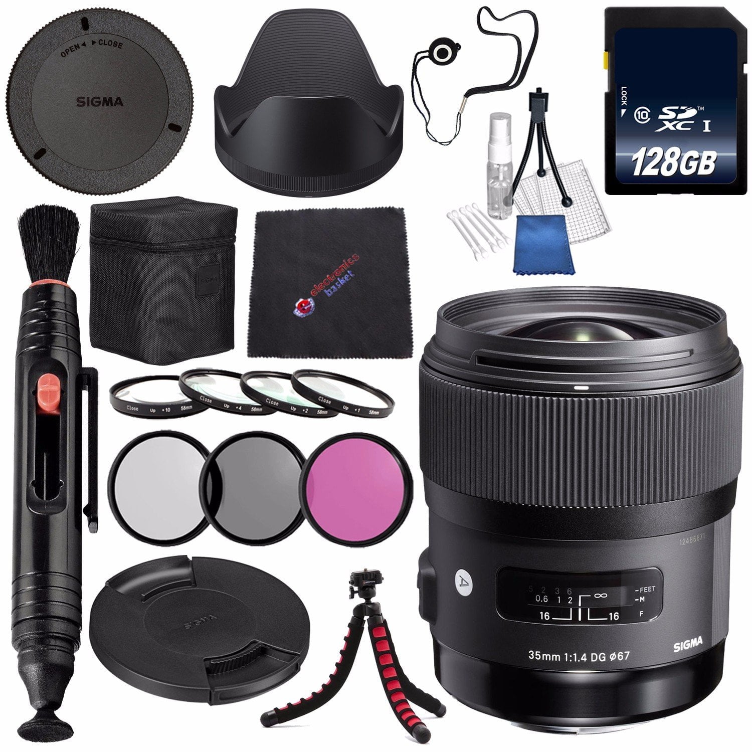 Sigma 35mm f/1.4 DG HSM Art Lens for Canon DSLR Cameras #340101 + 67mm 3 Piece Filter Kit + 128GB SDXC Memory Card + Lens Pen Cleaner Bundle Sigma