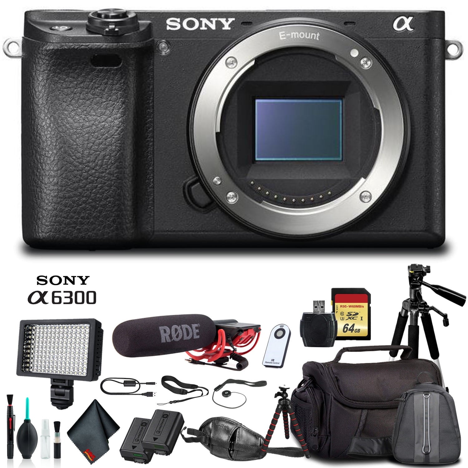 Sony Alpha a6300 Mirrorless Camera Black ILCE6300/B With Soft Bag, Tripod, Additional Battery, Rode Mic, LED Light, 64GB Memory Card, Sling Soft Bag, Card Reader , Plus Essential Accessories Sony