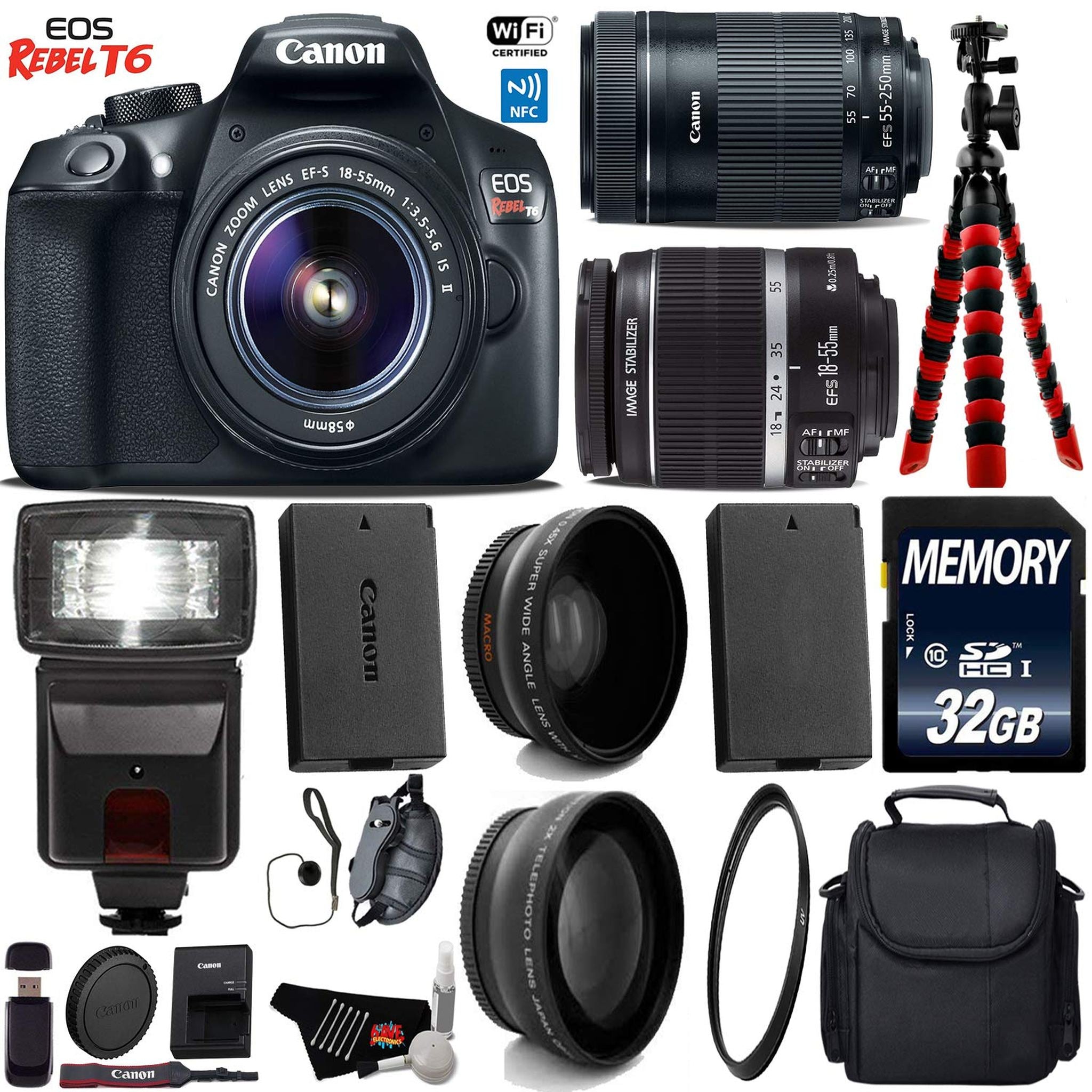 Canon EOS Rebel T6 DSLR Camera with 18-55mm is Lens & 55-250mm is STM Lens + Flash + UV FLD CPL Filter Kit Starter Bundle Canon