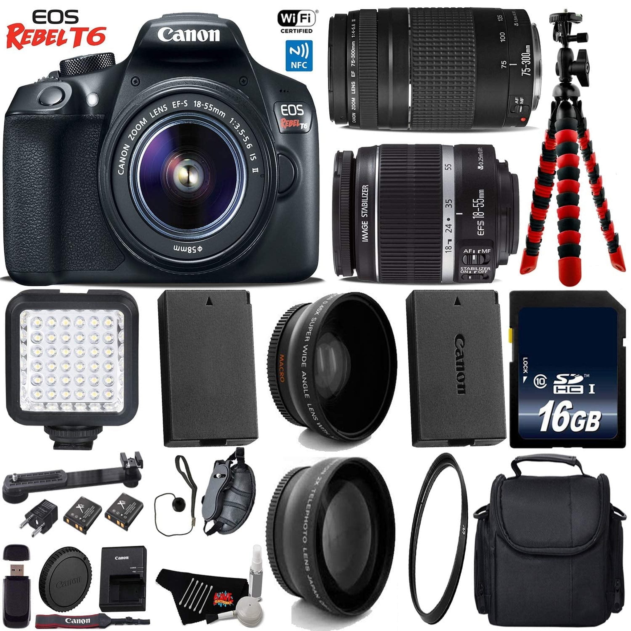 Canon EOS Rebel T6 DSLR Camera 18-55mm is II Lens & 75-300mm III Lens + LED + UV FLD CPL Filter Kit Base Bundle Canon