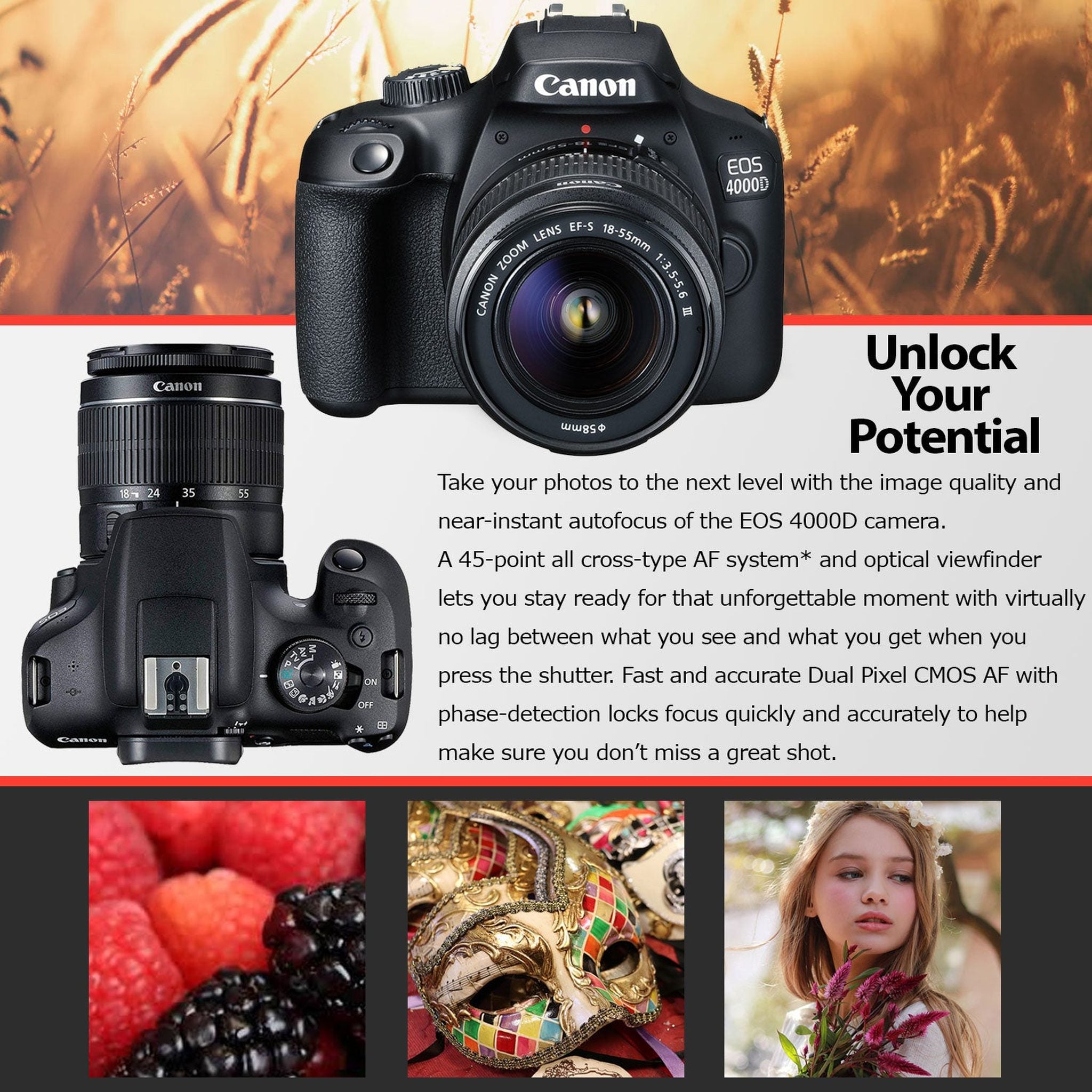 Canon EOS 4000D DSLR Camera & EF-S 18-55 mm f/3.5-5.6 IS III Lens + 75-300mm Telephoto Zoom Lens + 64GB Memory Card + Camera Bag Canon