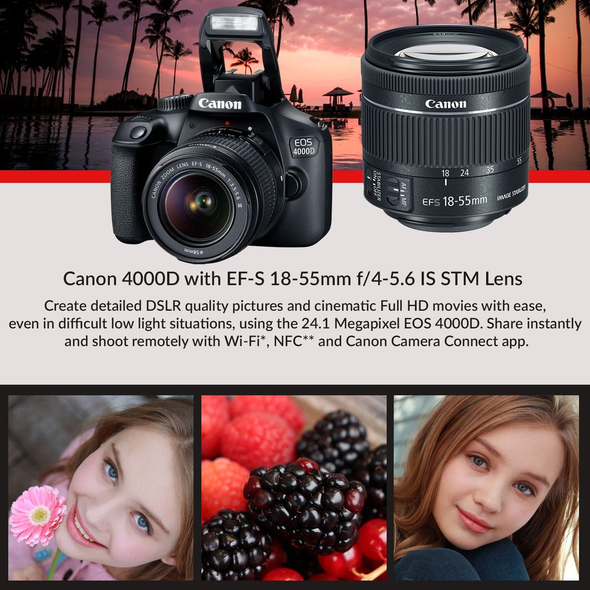 Canon EOS 4000D DSLR Camera & EF-S 18-55 mm f/3.5-5.6 IS III Lens + 75-300mm Telephoto Zoom Lens + 64GB Memory Card + Camera Bag Canon