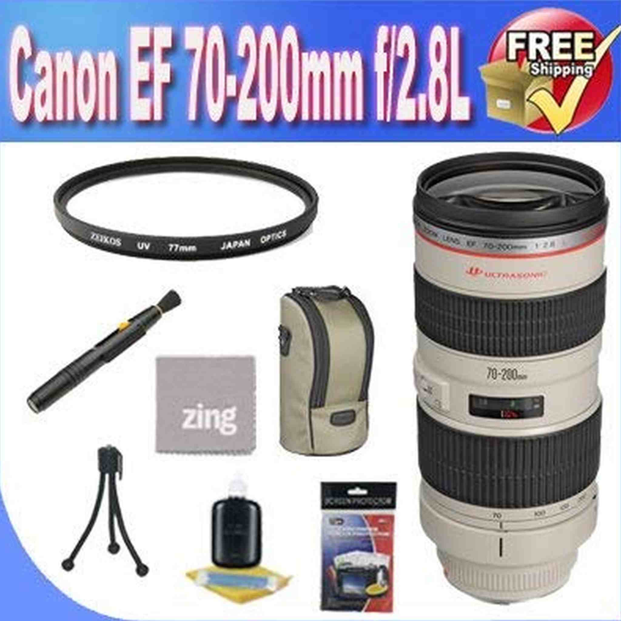 Canon EF 70-200mm f/2.8L USM Telephoto Zoom Lens + UV Filter + Lens Case + Zing Microfiber Cleaning Cloth + Lens Pen Cleaner + Lens Accessory Saver Bundle Canon