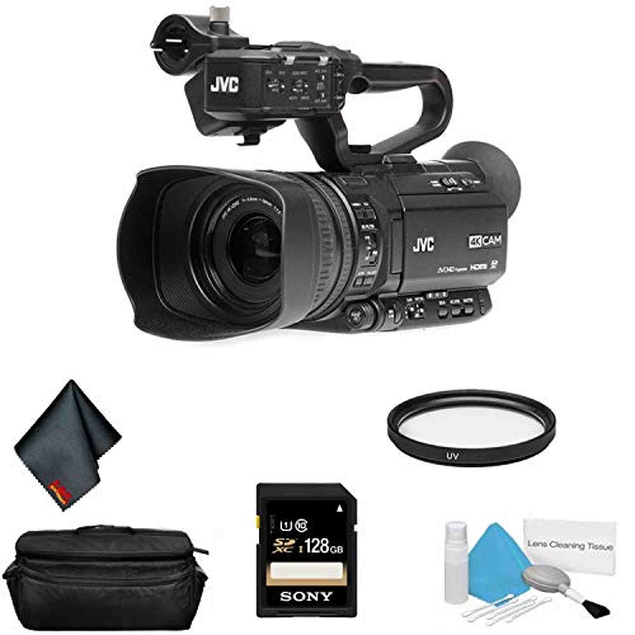 JVC GY-HM250 UHD 4K Streaming Professional Video Camcorder - Bundle with 128GB Memory Card + More JVC