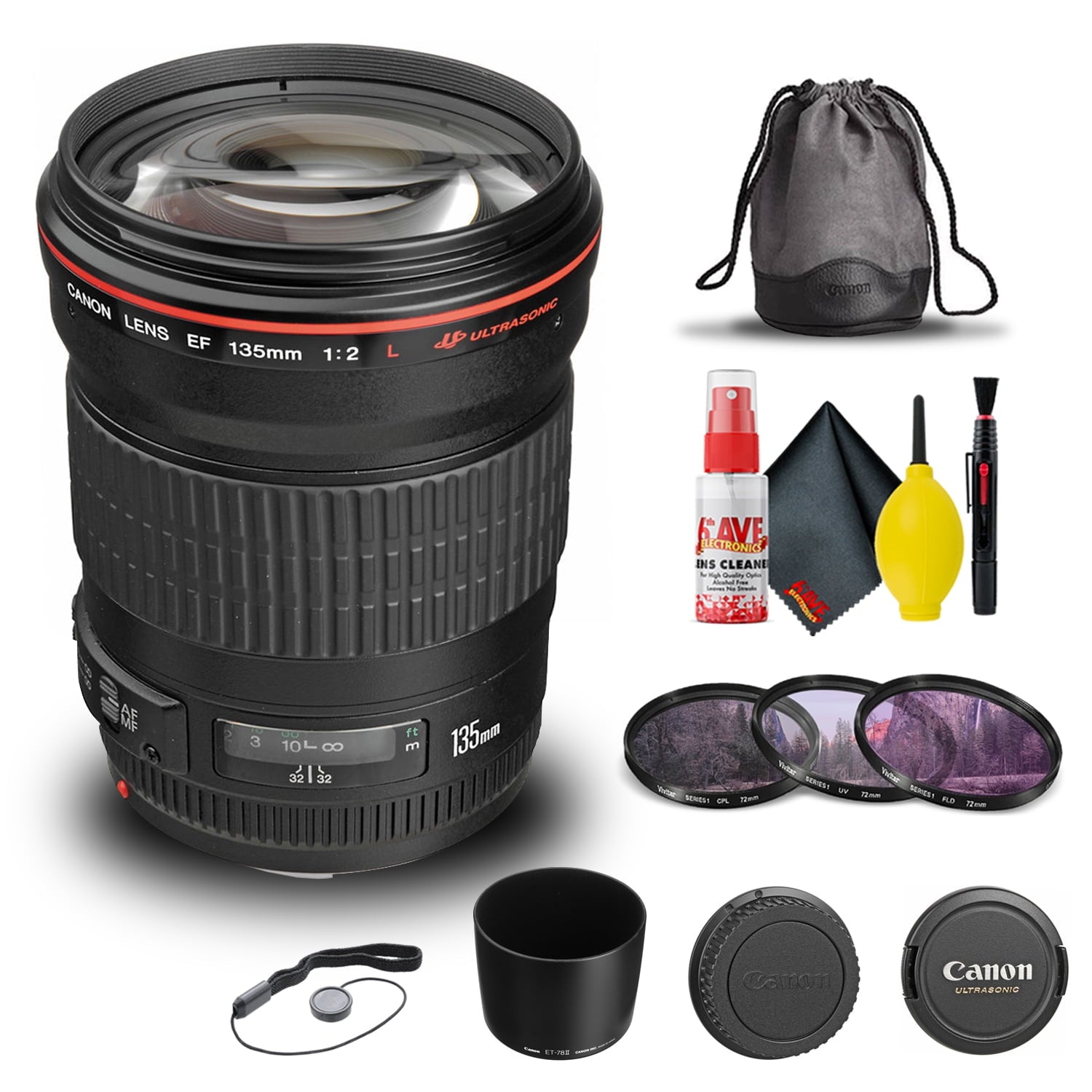 Canon EF 135mm f/2L USM Lens (2520A004) + Filter Kit + Cap Keeper + More