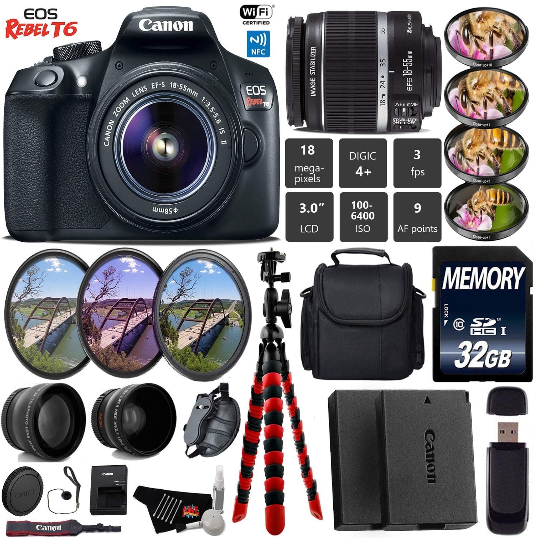 Canon EOS Rebel T6 DSLR Camera 18-55mm is II Lens + UV FLD CPL Filter Kit + 4 PC Macro Kit + Wide Angle & Telephoto Lens Canon