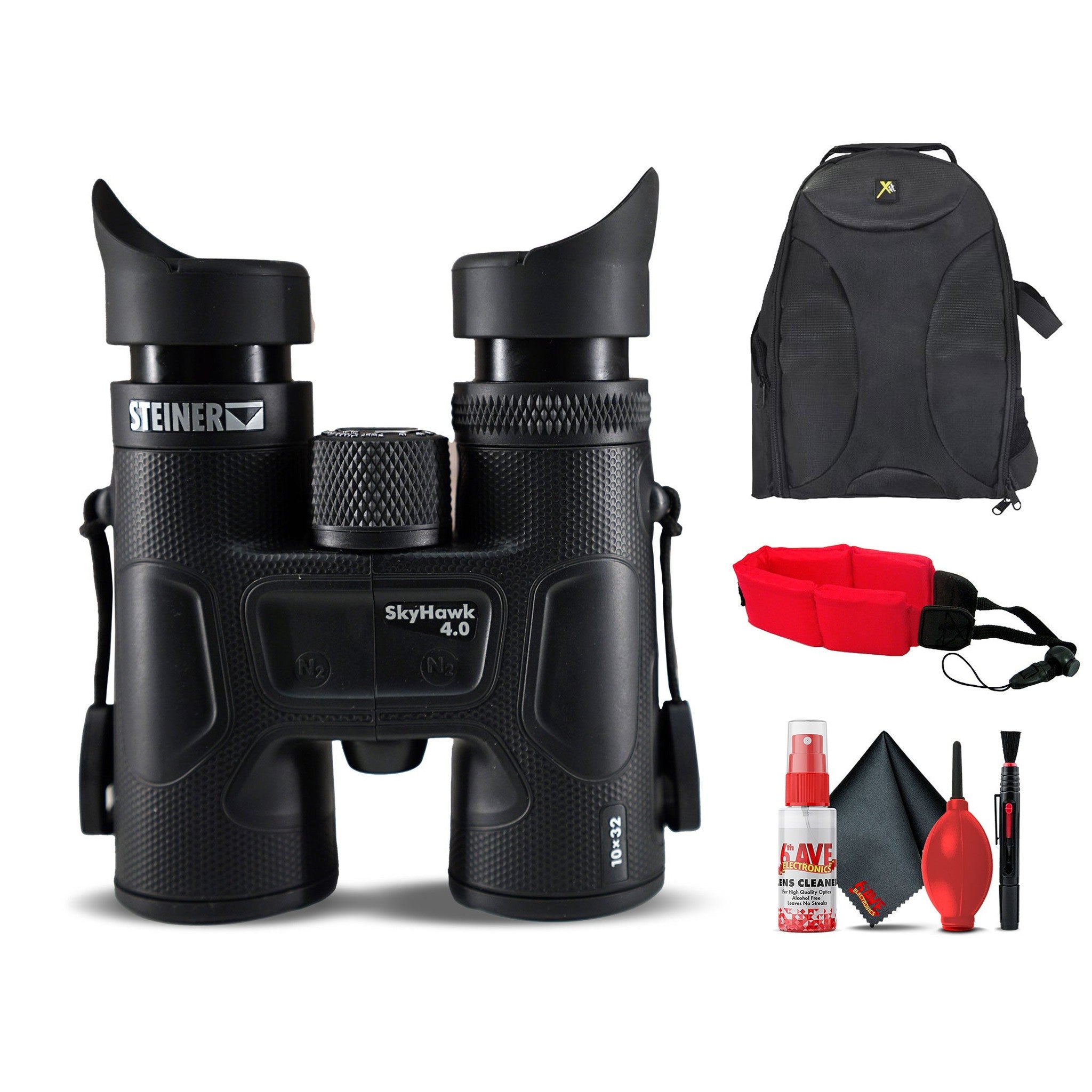 Steiner SkyHawk 4.0 10x32 Binoculars 23370900 Bundle with Padded Backpack, Floating Wrist Strap, and 6Ave Cleaning Kit Steiner