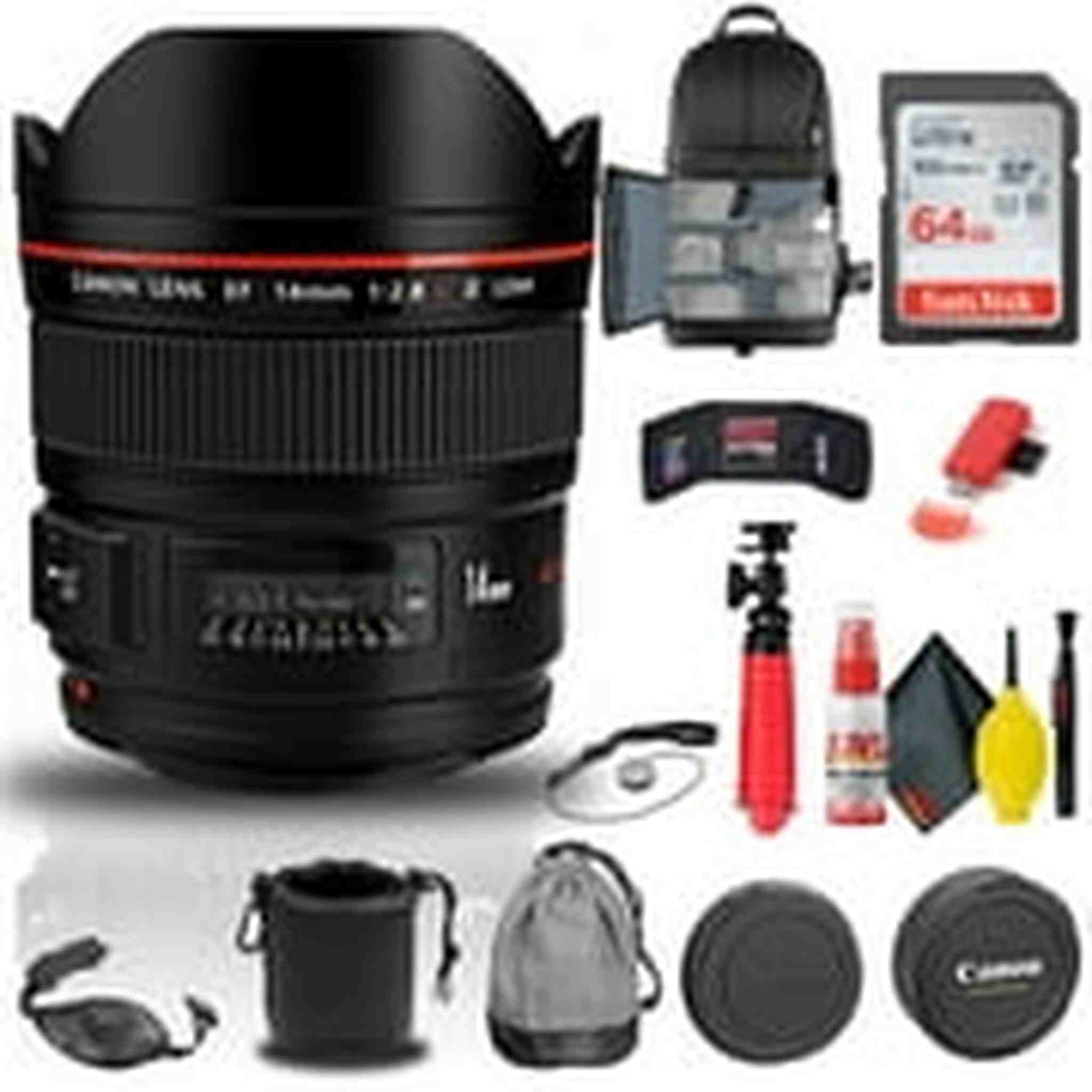 Canon EF 14mm f/2.8L II USM Lens (2045B002) + BackPack + 64GB Card + More