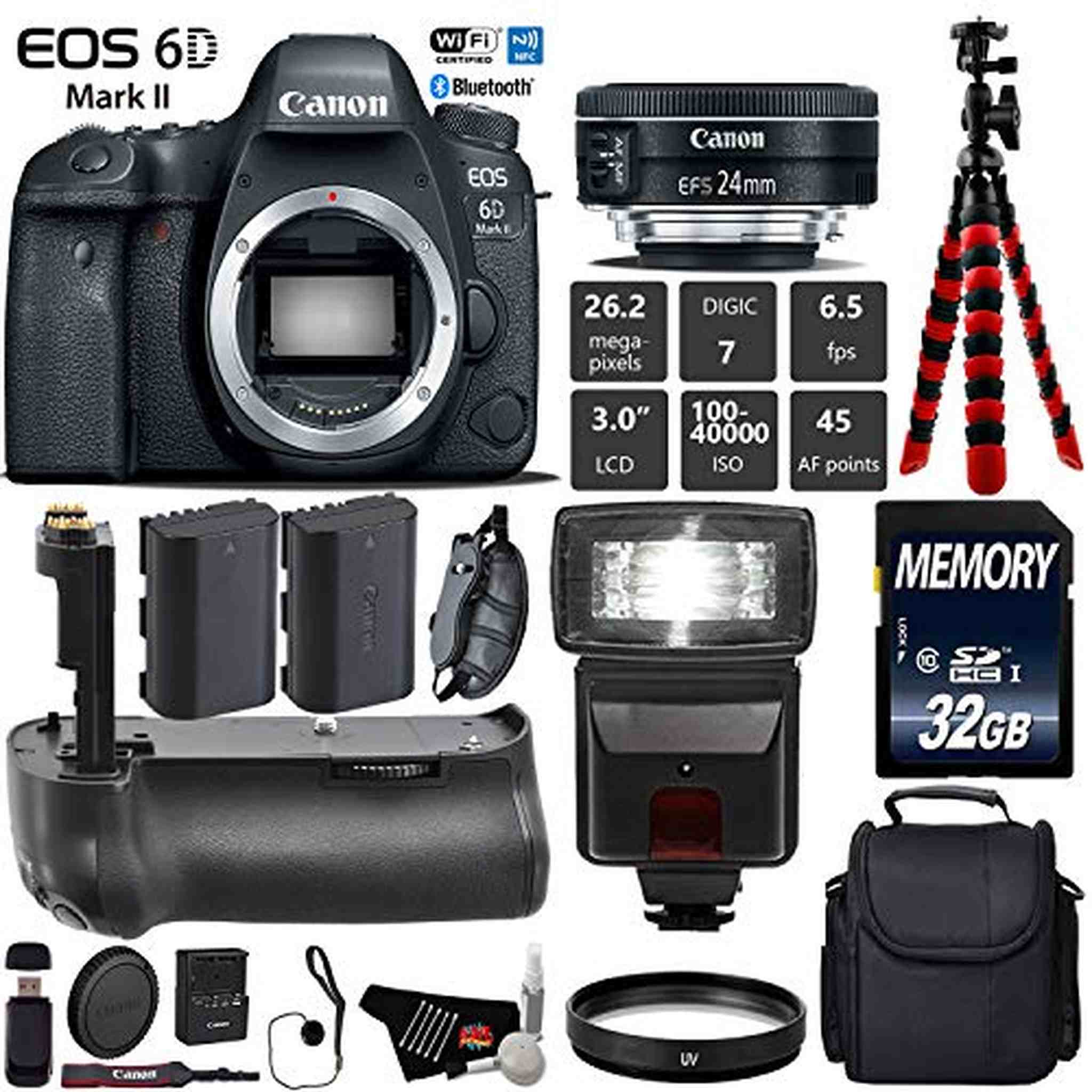 Canon EOS 6D Mark II DSLR Camera With 24mm f/2.8 STM Lens + Professional Battery Grip + UV Protection Filter + Flash Starter Bundle Canon