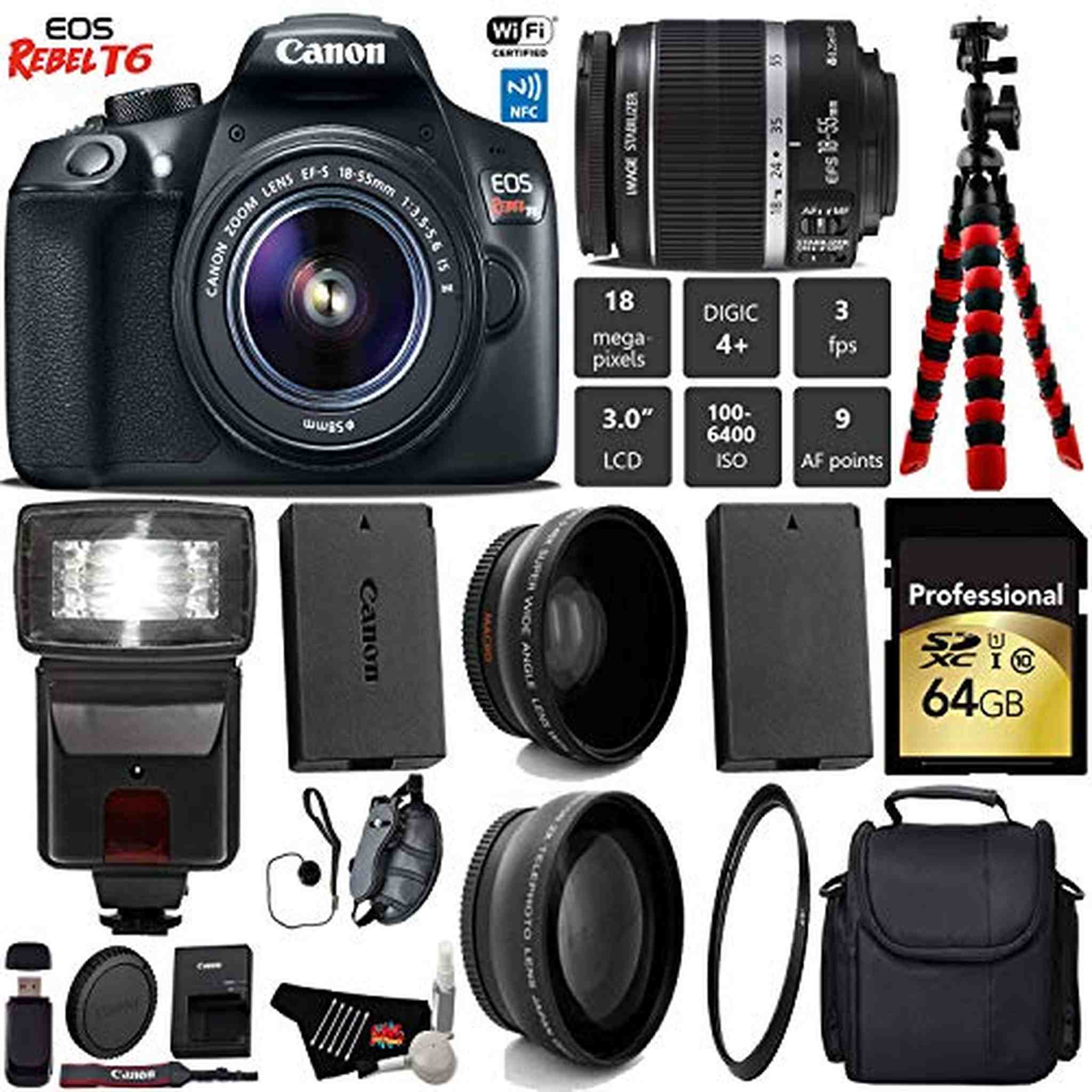 Canon EOS Rebel T6 DSLR Camera 18-55mm is II Lens + Flash + UV FLD CPL Filter Kit + Wide Angle & Telephoto Lens + Camera Pro Bundle Canon