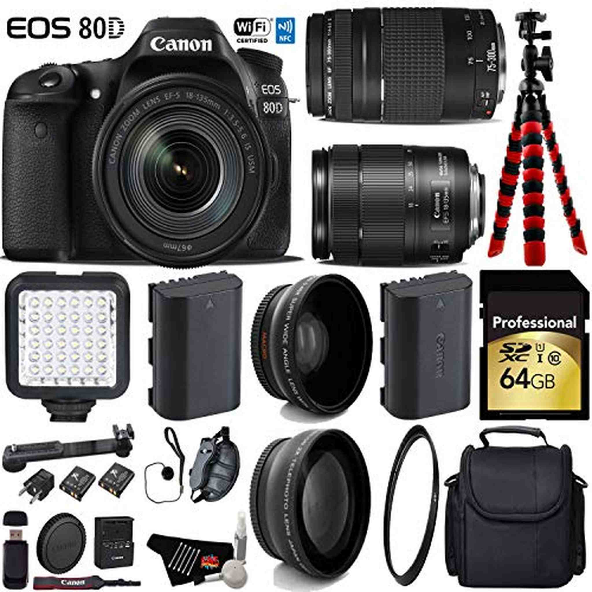 Canon EOS 80D DSLR Camera with 18-135mm is STM Lens & 75-300mm III Lens + LED + UV FLD CPL Filter Kit Deluxe Bundle Canon