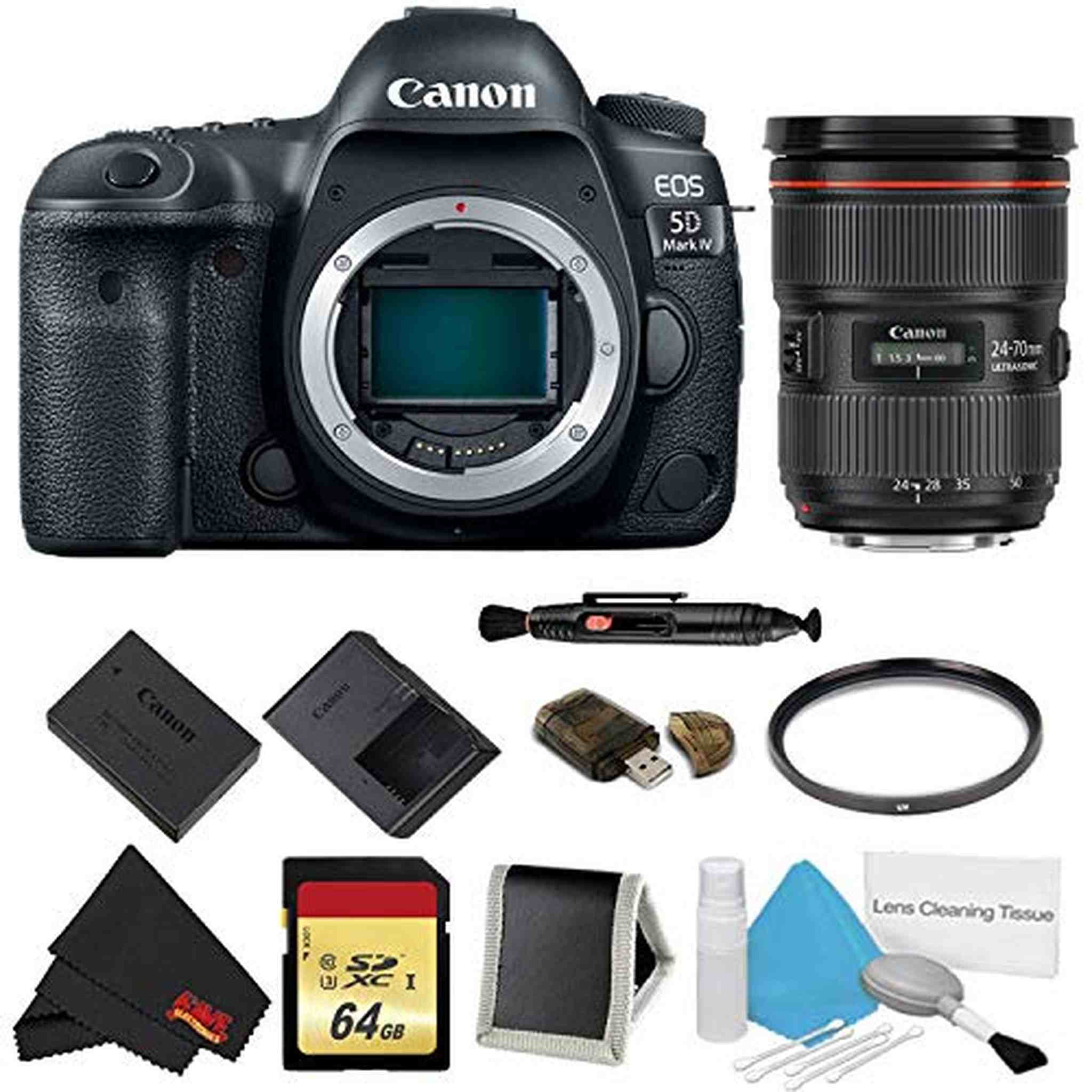 Canon EOS 5D Mark IV DSLR Camera Body Only Basic Filter + Memory Kit w/ 24-70mm F/2.8L II USM Lens - International Mod Canon