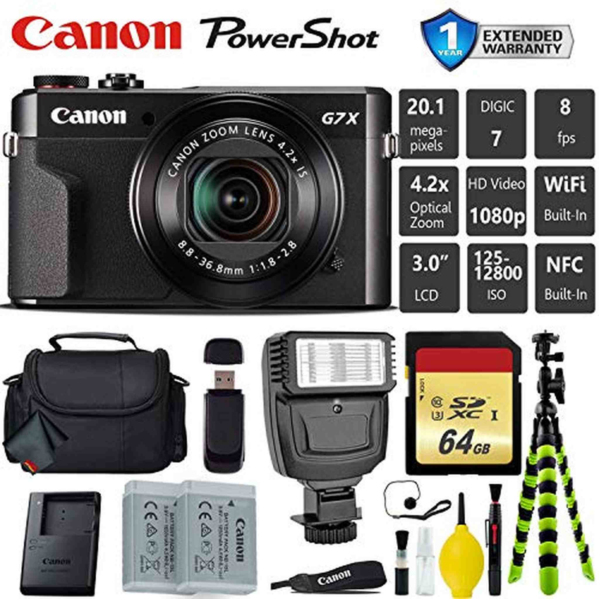 Canon PowerShot G7 X Mark II Point and Shoot Digital Camera + Extra Battery + Digital Flash + Camera Case + 64GB Class 1 Card Pro Bundle Canon